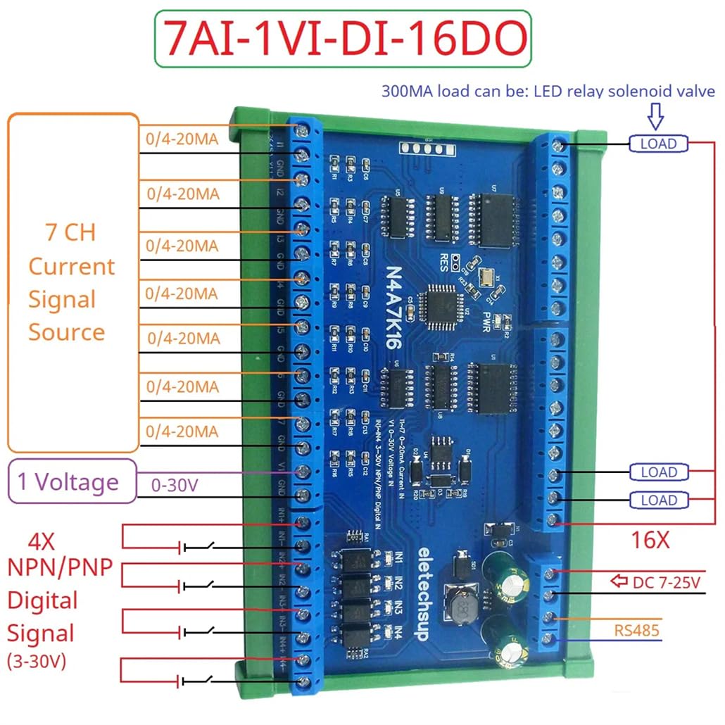 16DO 4DI 8AI RS485 Modbus RTU Analog Digital Current Voltage Collector Module PLC IO Expanding Board 4-20MA 0-10V 24 Channel (7AI-1VI with Box)