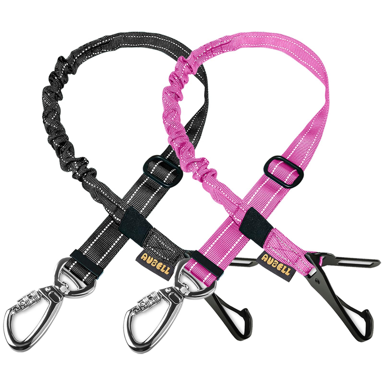 AUBELL 3-in-1 Dog Seatbelt, Retractable with Elastic Buffer & 360° Locking Carabiner, Black+Hotpink, (25-32) inch