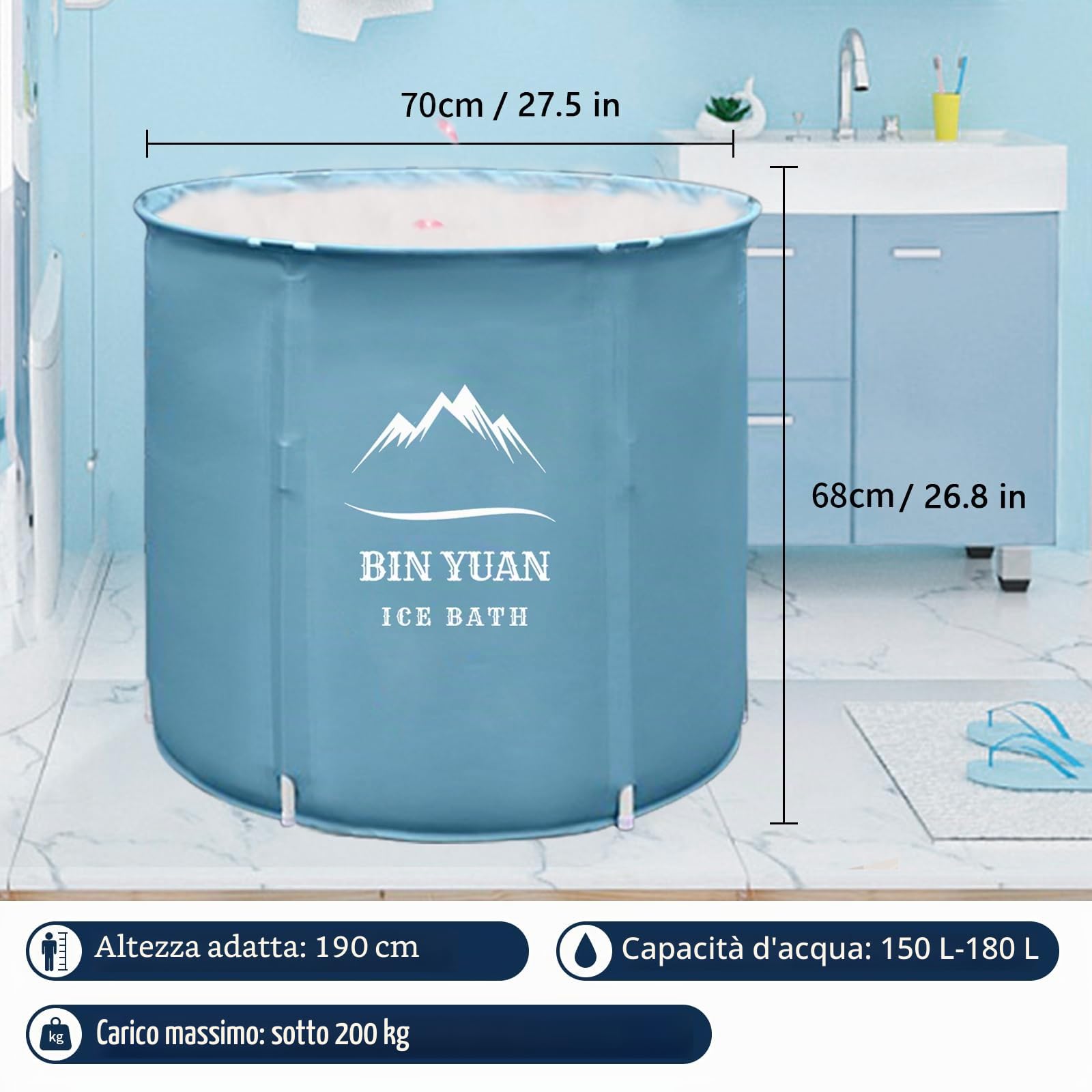 Vasca Da Bagno Ghiaccio Pieghevole Portatile per Adulti, 70x68cm Ice Bath Tub Freestanding, per Soaking Spa, Sale