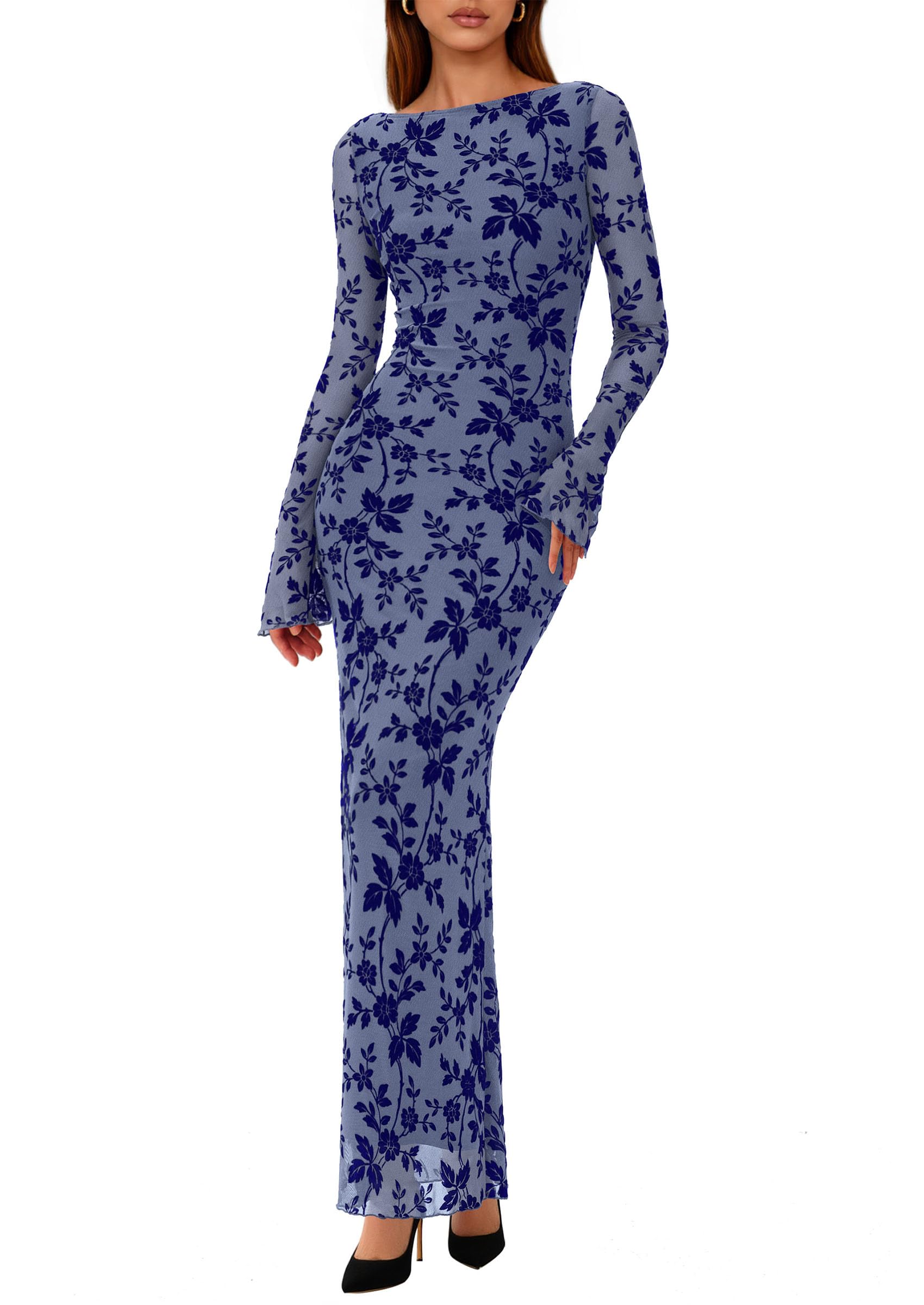 Photo 1 of PRETTYGARDEN Women's Floral Bodycon Maxi Dress 2026 Spring Elegant Mesh Long Sleeve Formal Wedding Guest Cocktail Dresses (Dusty Blue,Large)