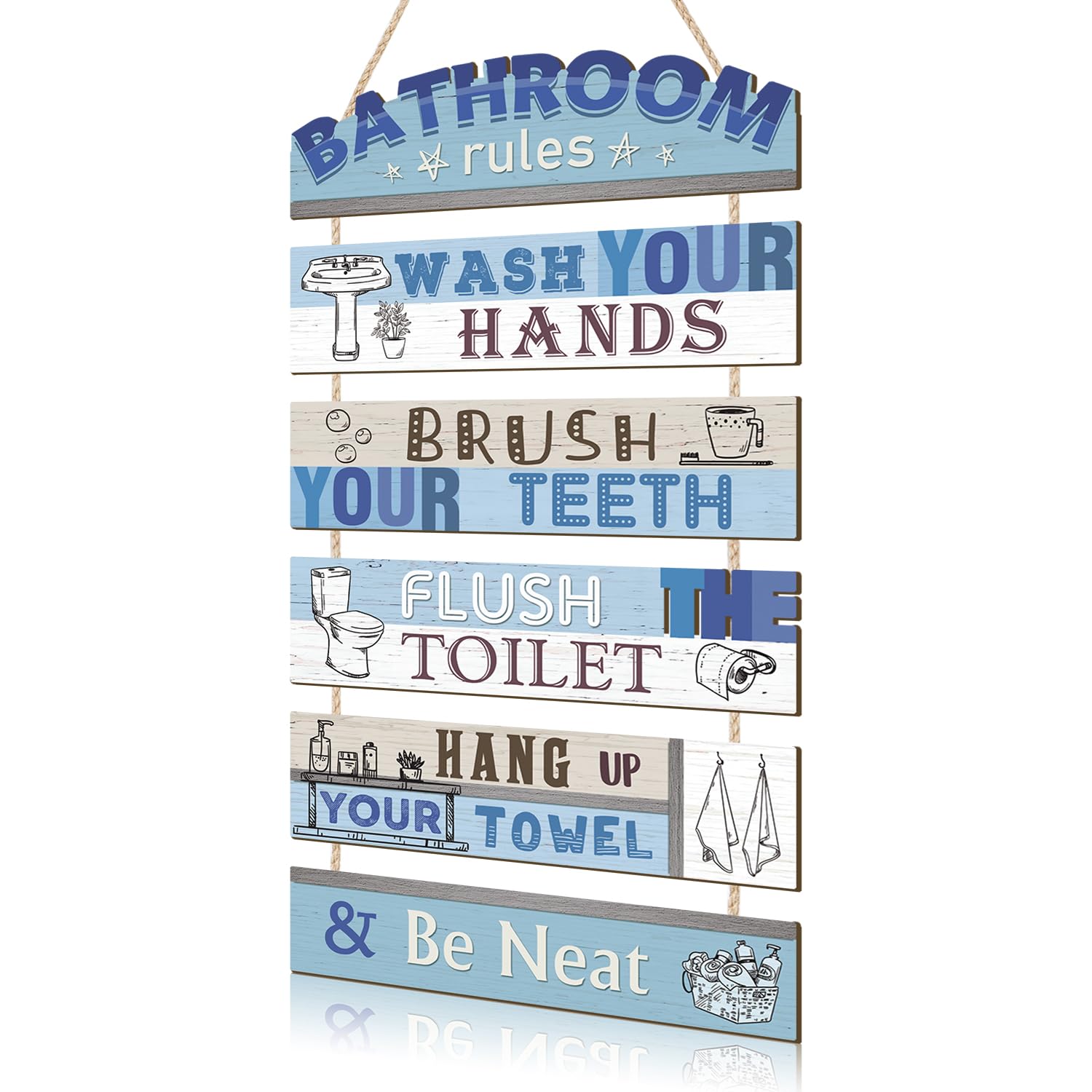 KAIRNE Bathroom Decorations,Blue Bathroom Rules Wooden Sign for Toilet,Wash Your Hands Brush Your Teeth Rustic Hanging Wood Plauqe