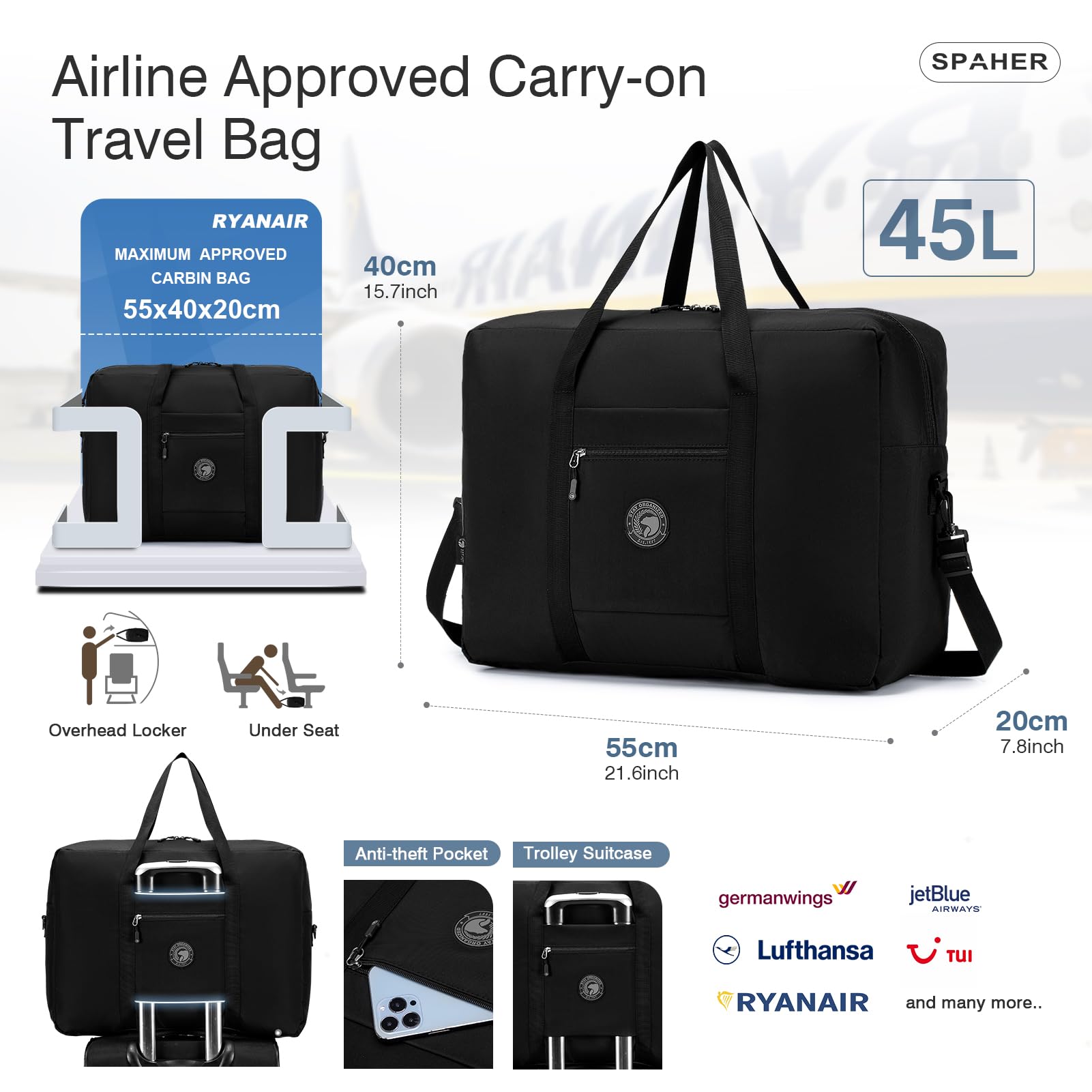 SPAHER Torba Podróżna Duża Składana Torby Podróżne Bagaż Podręczny 55x40x20 Lufthansa Tui Airways Lekki Samolotu Torba Marynarska 45L Packable Holdall Wodoodporna Torebka dla Mężczyzn i Kobiet Czarny