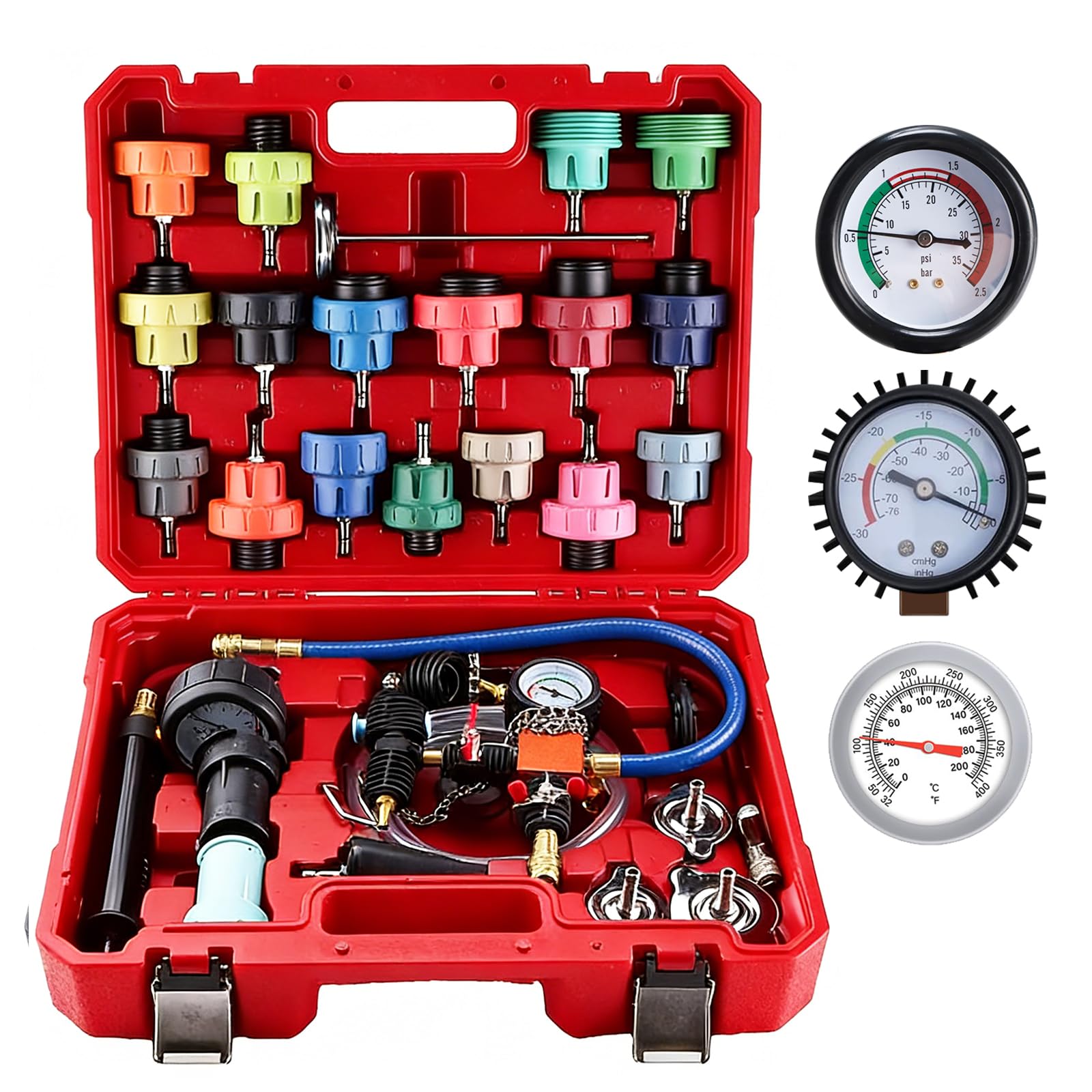 FreeTec 31pzs Probador Presion Radiador, Universal Probador Presion Circuito Refrigeración, Kit Comprobador Fugas Purgador Liquido Refrigerante, Herramientas Radiador Coche con Bomba Adaptador (Rojo)