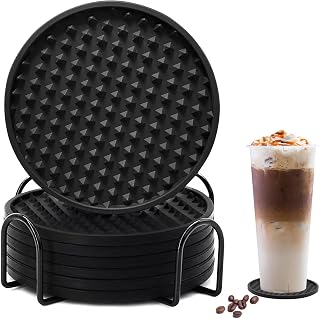 WEGO Coasters for Drinks Set of 6 with Holder, Silicone Coasters Tabletop Protection for Any Table Type, Wood, Glass, Stone Tables, Dishwasher Safe, Washable and Heat Resistant Coffee Coasters (Black)