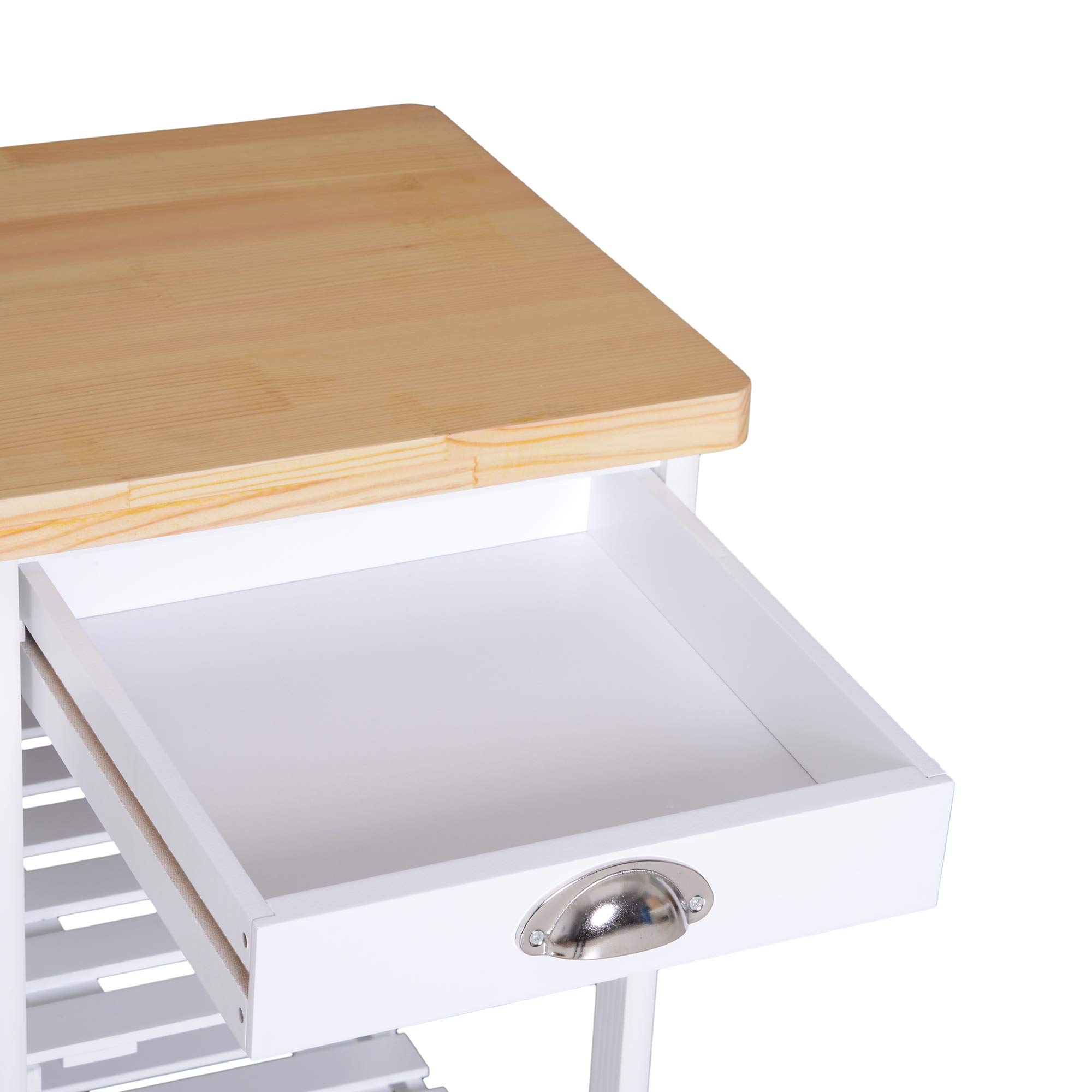 Chariot de service desserte de cuisine à roulettes multi-rangements 74L x 37l x 76H cm plateau bois massif pin châssis MDF blanc