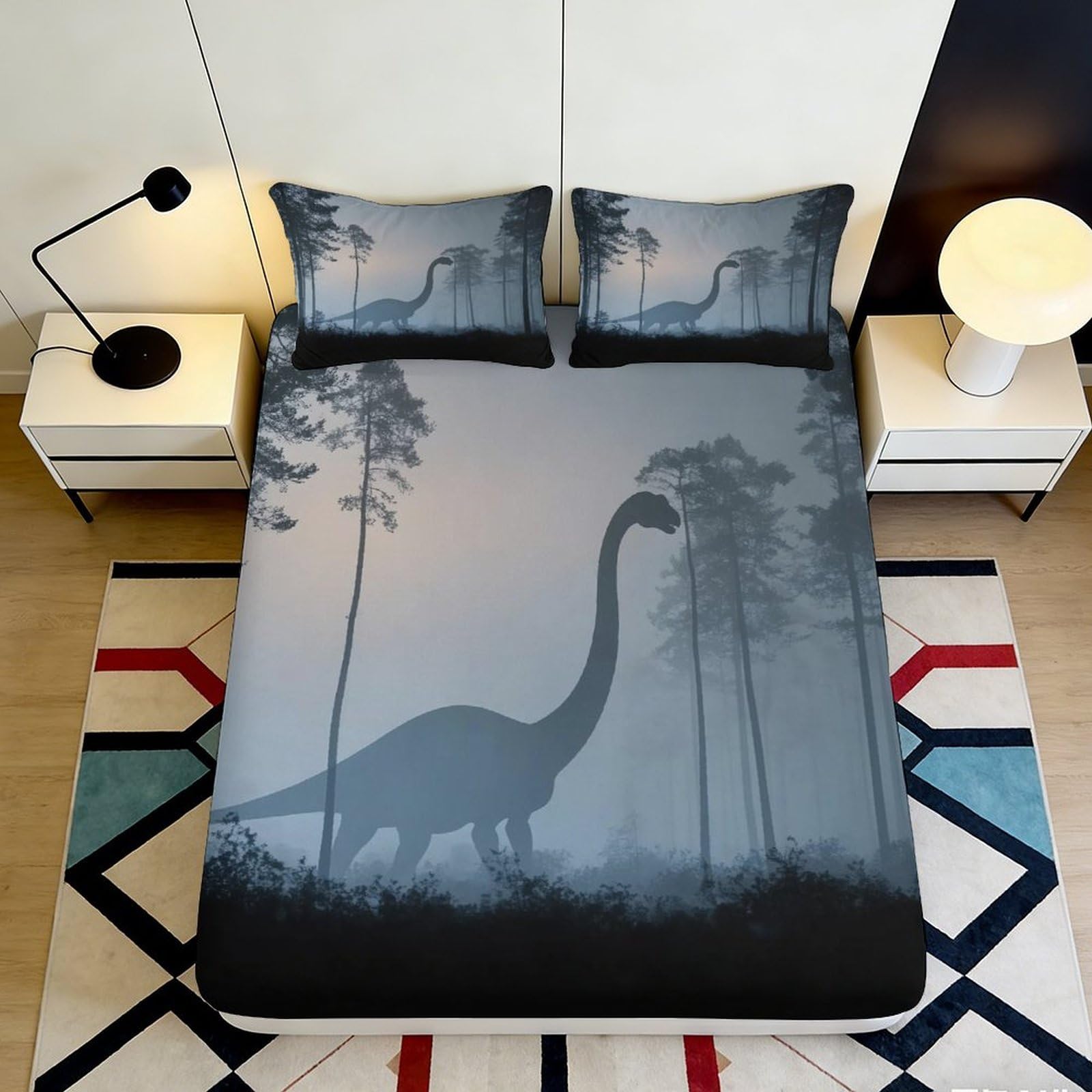 3D Printed Forest Dinosaur Fitted Sheet Microfiber Soft Non-slip Bed Cover for Bedroom Guestroom Decor 90x200x25cm