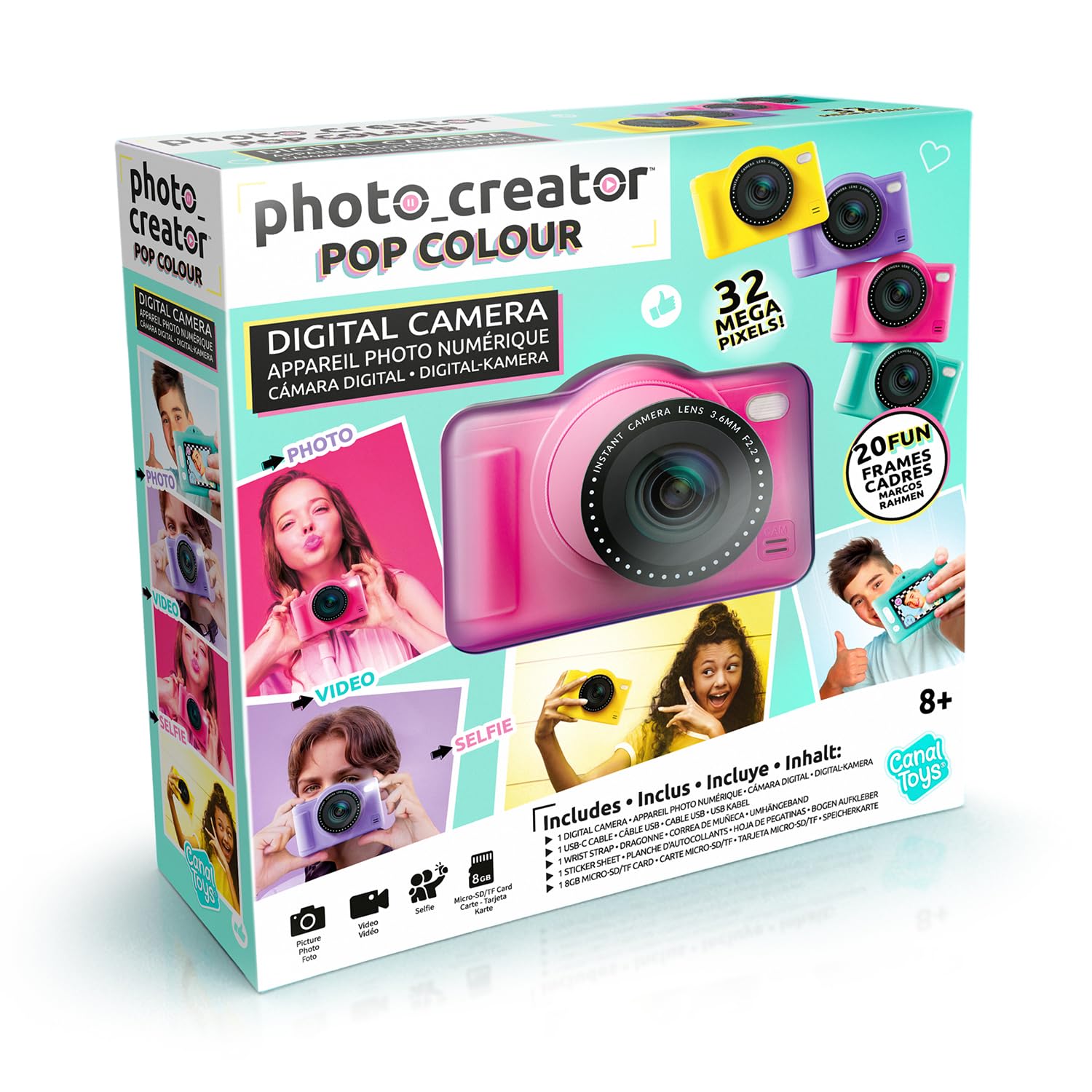 Canal Toys - Cámara Digital Infantil de Doble Lente (Mini cámara compacta Rosa con Modo Selfie para 8 años – 32 megaPixeles, Pantalla LCD, 20 Marcos y 5 filtros, Tarjeta SD de 4 GB incluida