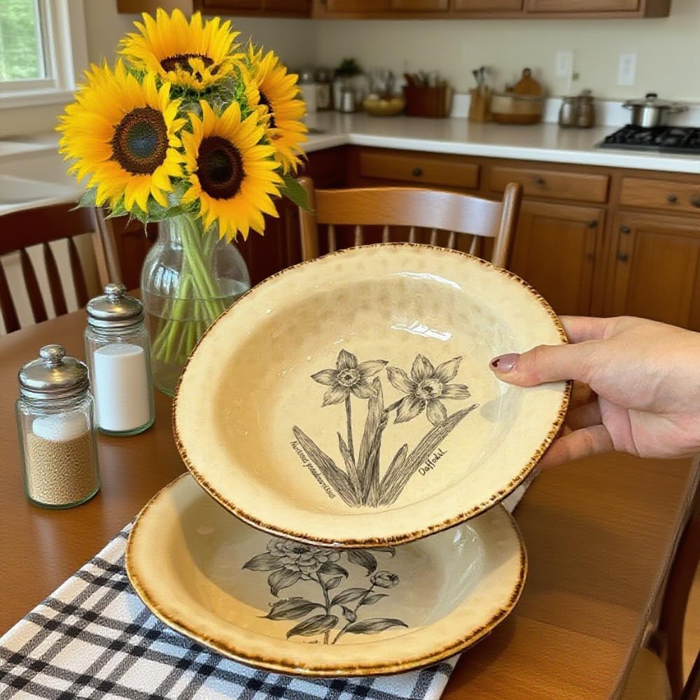 Straw Hat Plate Floral Deep Pasta Western Dinner Vegetable Salad Dessert Ceramic Household Snack Breakfast Bowl Bird'S Nest Fruit Ice Cream Soup (Camellia,8.5 inches)