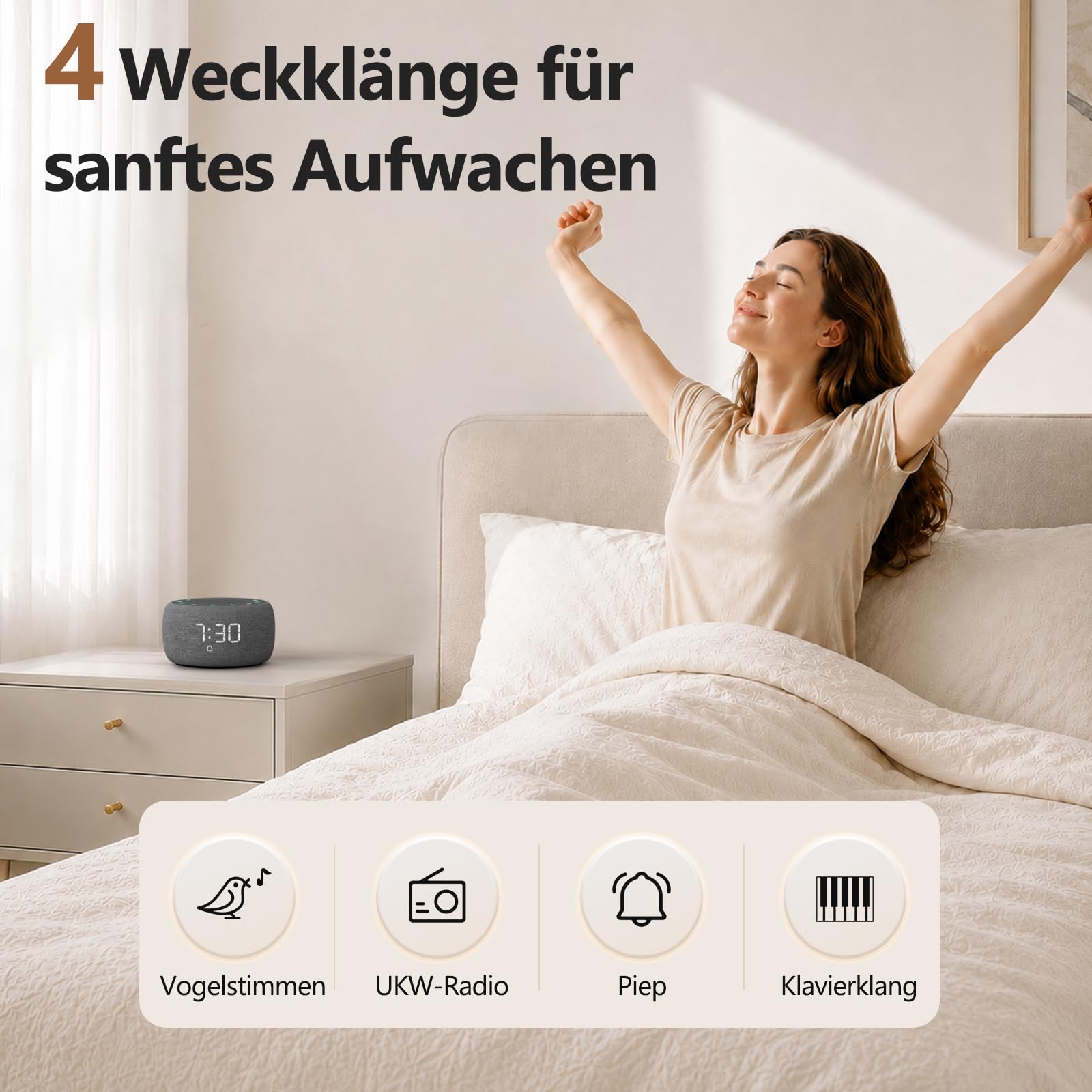 Buffbee Digitaler Radiowecker für das Schlafzimmer - 7-farbiges Nachtlicht, High-Fidelity-Klangqualität mit nach oben gerichtetem Lautsprecher, 4 Wecktöne, Full Range Display Dimmer für den Nachttisch