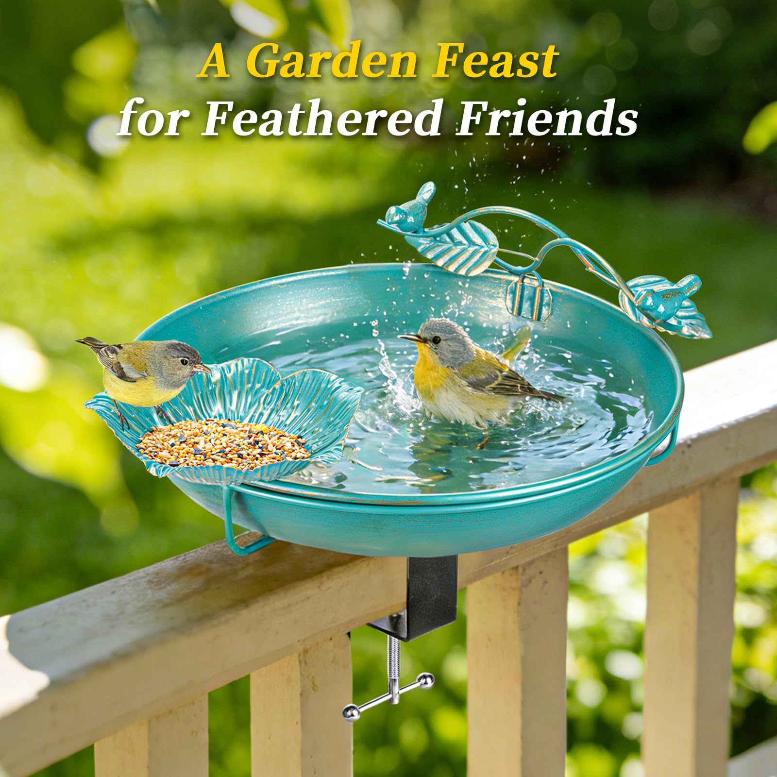 Mellbree Metal Bird Bath Deck Mounted, 12" Dia Lake Blue with Gold Gilding, Deck Mounted Fence Clamp Birdbath with Perch & Feeder Bowl, Detachable Multi-Functional Balcony Railing Bird Bath - image 2