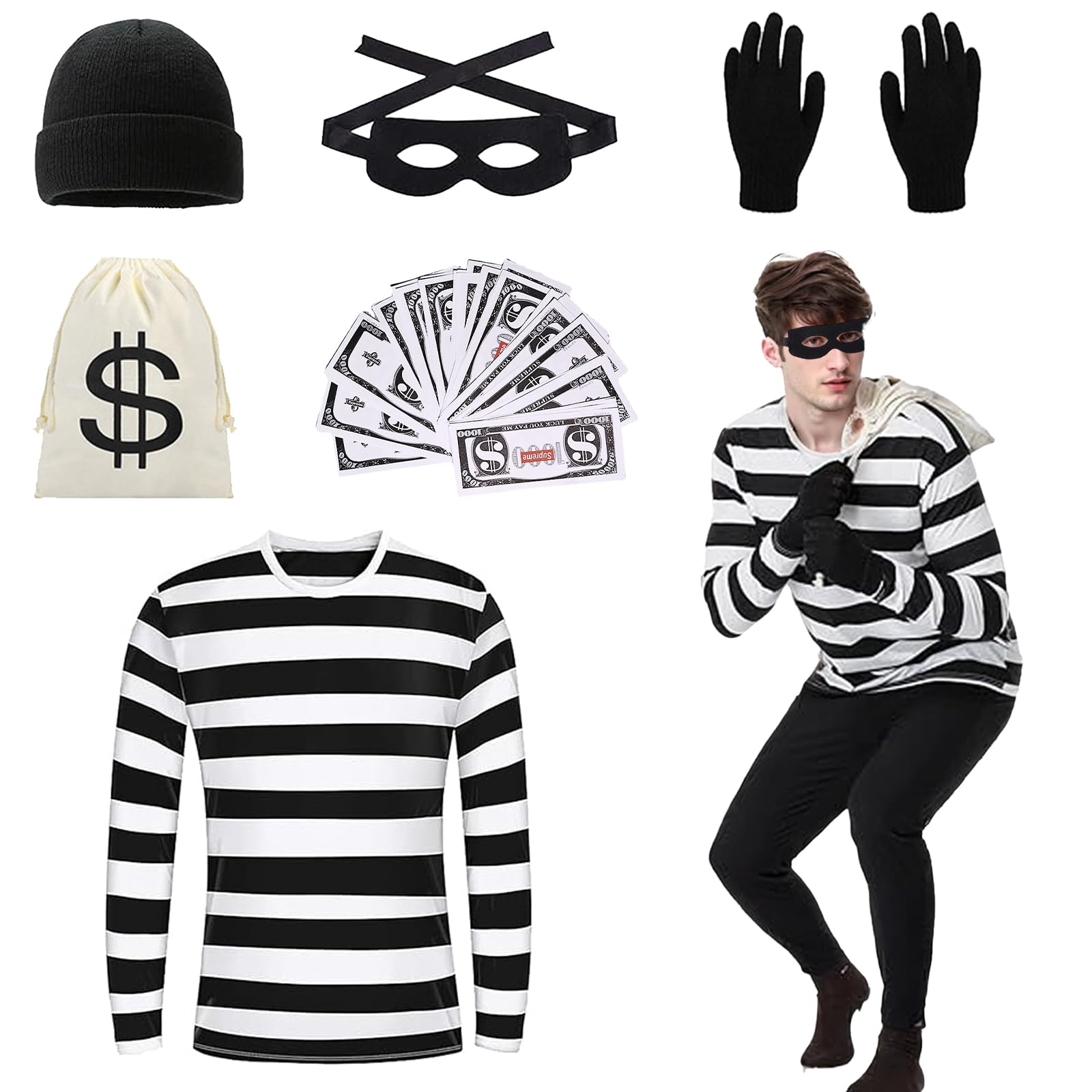 DAZZTIME Disfraz de Ladrón de Bancos,Disfraz de Ladrón para Adulto,Disfraz de Ladrón,Disfraz Ladron Adulto,Conjunto de Disfraz de Ladrón Adultos,para Carnaval,Carnaval,Fiesta Temática