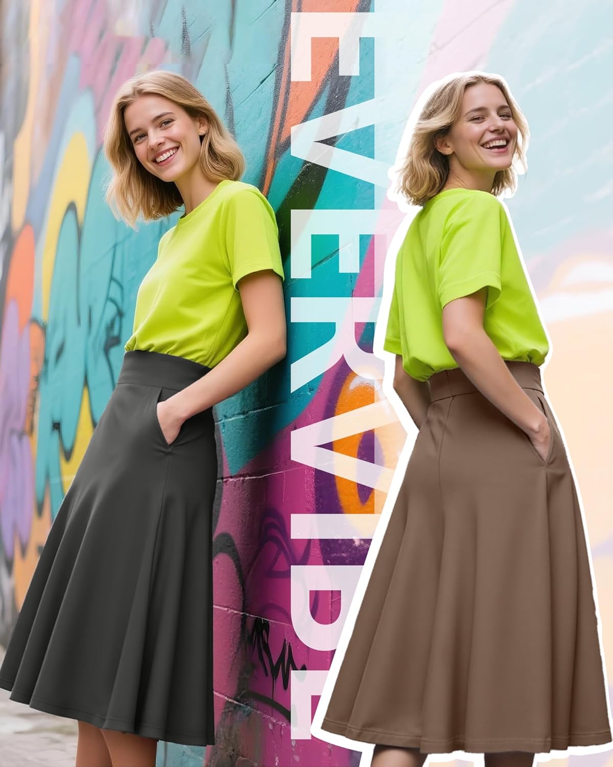 3 Pack Plus Size Skirts for Women, Knee Length Midi Casual Flowy Flared A Line Summer Work Church Skirts with Pocket - Image 6