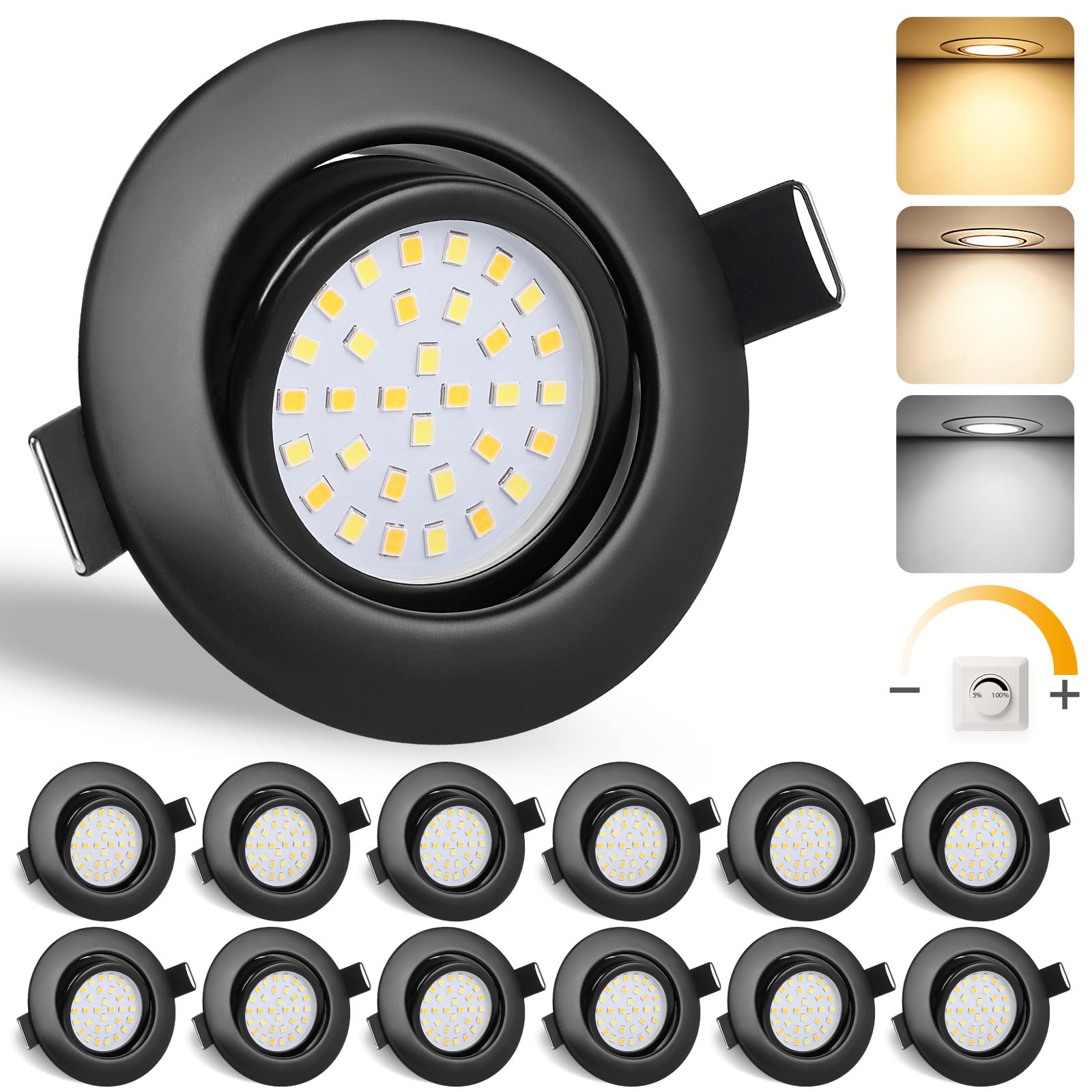 GeyouLux LED Einbaustrahler 230V IP44, 6W Dimmbar Deckenspots, Einbauleuchten 65-75mm EinbauØ, 45° Schwenkbar 3000K Warmweiß 4000K Neutralweiß 6500K Kaltweiß Ultra Flach Einbauspots, 12er Set Schwarz