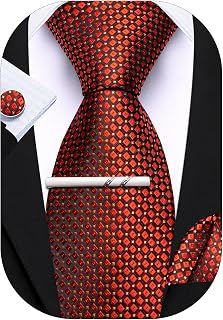 Barry.Wang Tie Sets for Men Plaid Necktie Silk Woven Checkered Handkerchief Cuff Links with Clip Business