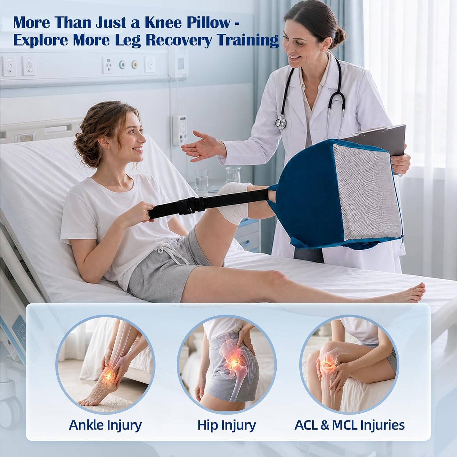 Knee Pillow - Premium Foam for Superior Support, with 2 Straps for Sliding and More Exercising, Blue