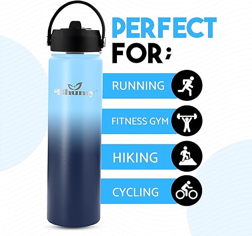 Miniatura 6 de Bhumy Botellas de agua de acero inoxidable  Botella de agua aislada de acero inoxidable de doble pared de 24 onzas  Botella de agua con popote y 2