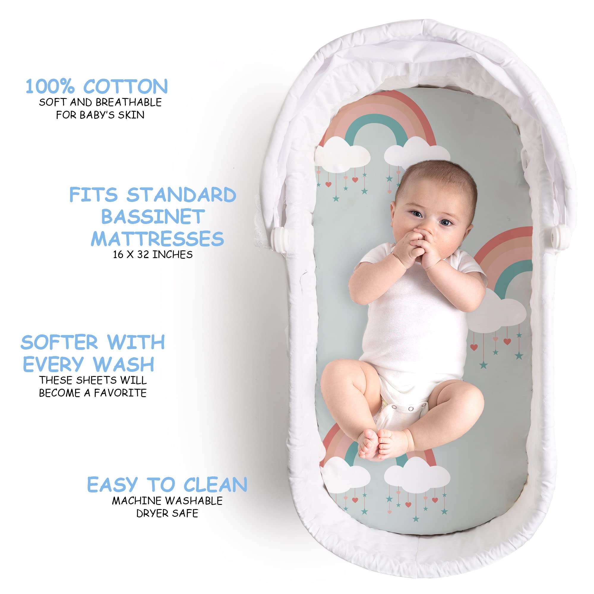 JumpOff Jo - 2-Pack Hypoallergenic Fitted Bassinet Sheet for Baby Boys & Girls - Rectangular, Hourglass & Oval Crib Compatible, Soft, Breathable, Machine Washable