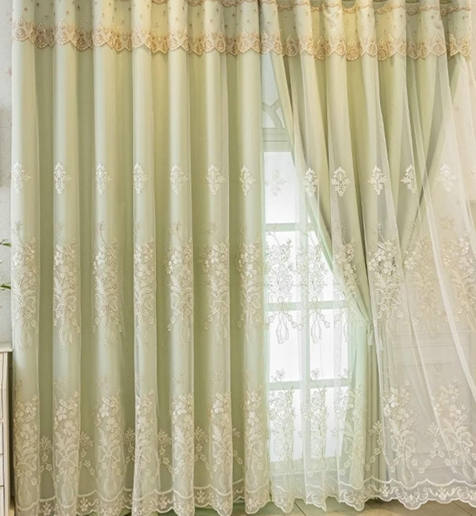 Rideau salon moderne occultant vert 250x270cm à crochet broderie florale