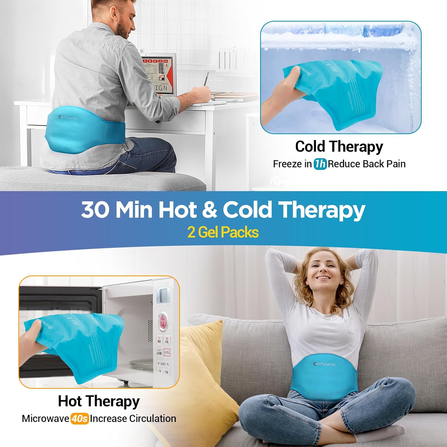 Comfytemp Ice Pack for Back Pain Relief, 2 Packs, FSA Eligible HSA, Reusable Gel Lower Back Wrap Ice Brace for Sciatica Injury, Hot Cold Compress for Lower Lumbar, Waist, Men Women After Surgery Gift - Image 5