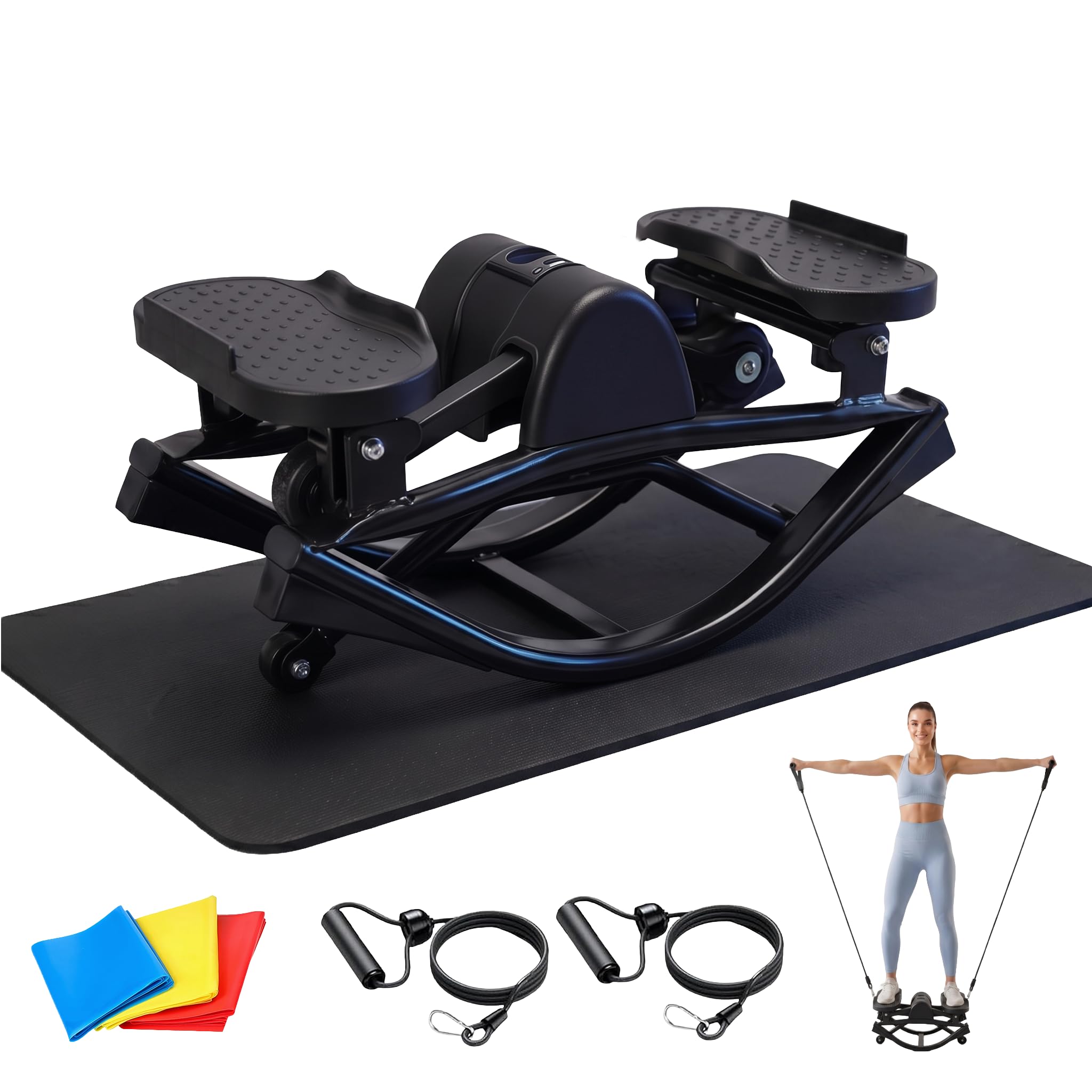 ELEVEN BEAK 150 kg Capacity Quiet Rock Stepper with Non-Slip Mat and 5-Piece Resistance Bands, U-Shaped Portable Fitness Motion Stair Stepper with Digital Display for Full Body Exercise at Home & Gym