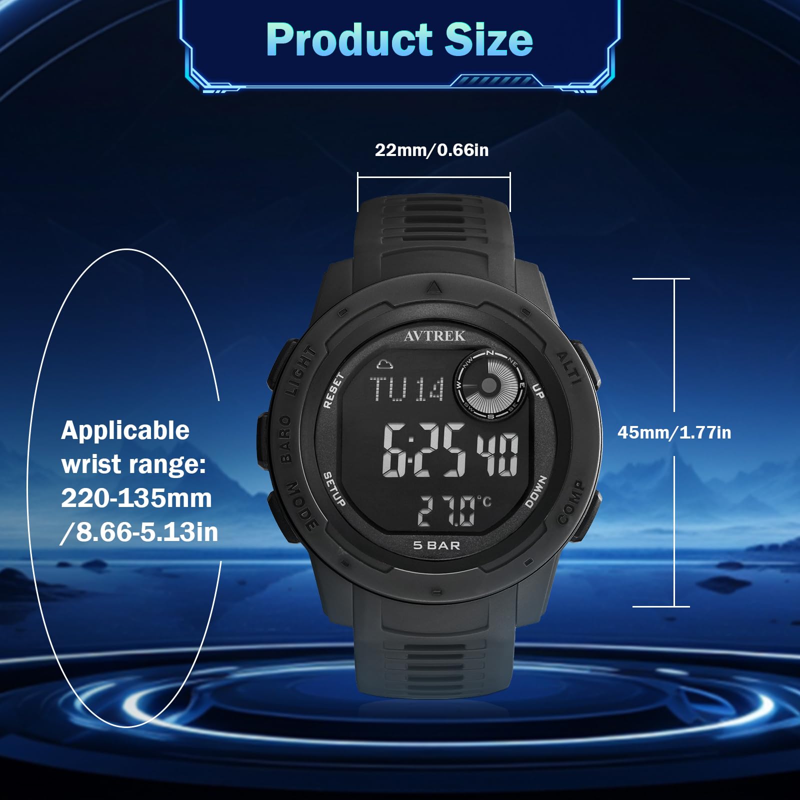 AVTREK Orologio digitale impermeabile, orologio sportivo per attività all'aperto, orologio militare con contapassi, altimetro, bussola, perfetto per uomini, donne e adolescenti (nero)