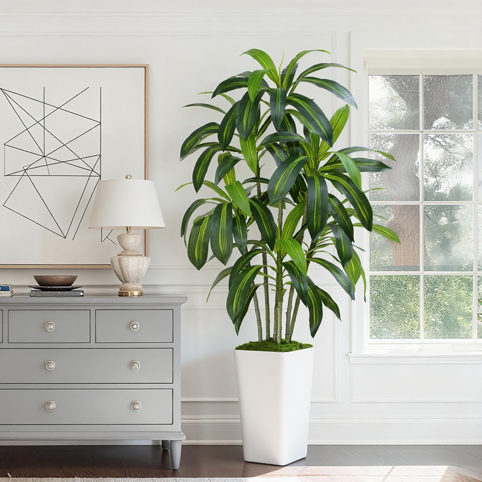 Pianta Artificiale Dracaena da 150cm Piante Finte da Interno Con Fioriera Alta Bianca Piante Artificiali da Esterno Per Soggiorno Camera da Letto Ufficio Casa Corridoio Decorazione (1Pz)