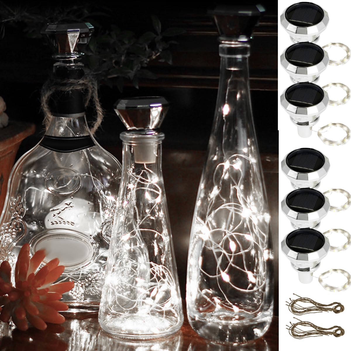 6Pcs Solar Wine Bottle Lights 20 LED Solar Bottle Fairy Light with Cork, 2M Copper Wire Outdoor Waterproof Cork Light for Bottles Auto On/Off Decorative Lamp for Christmas Party Festival (White)