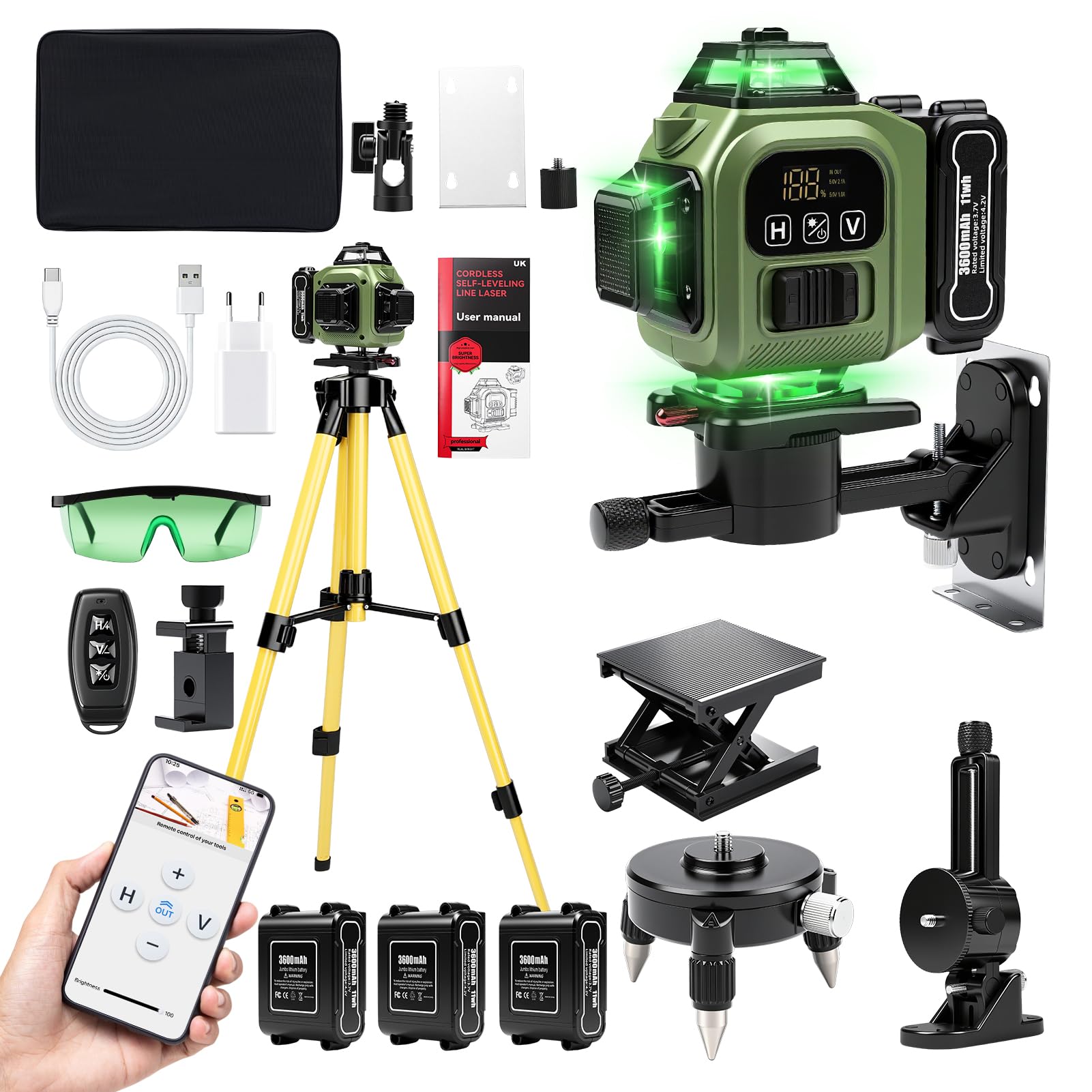 Nivel Laser Autonivelante, 4D 16 Líneas Nivel Laser Verde Con TríPode, Digital Niveles LáSer Con 3 x 3600 Mah BateríA 2 x 360 Horizontal Y 2 x 360 Verticales, Control Remoto/App, Montaje En Pared