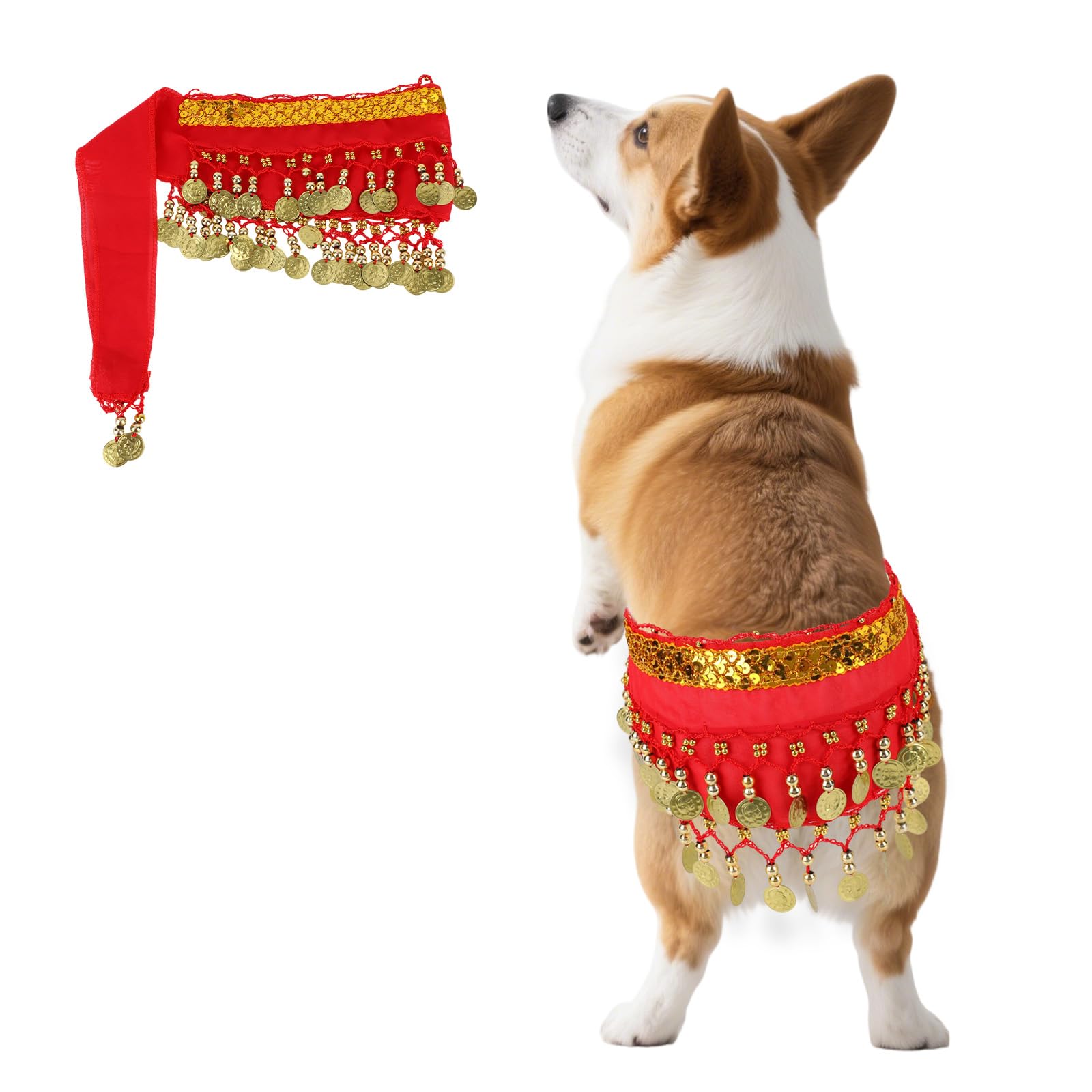 Dog Belly Dancer Skirt, Bling Belly Dance Hip Scarf for Corgis Dog Waist Wrap with Sequins Adjustable Puppy Dancing Costumes for Halloween Parties Celebration Performance(Red)