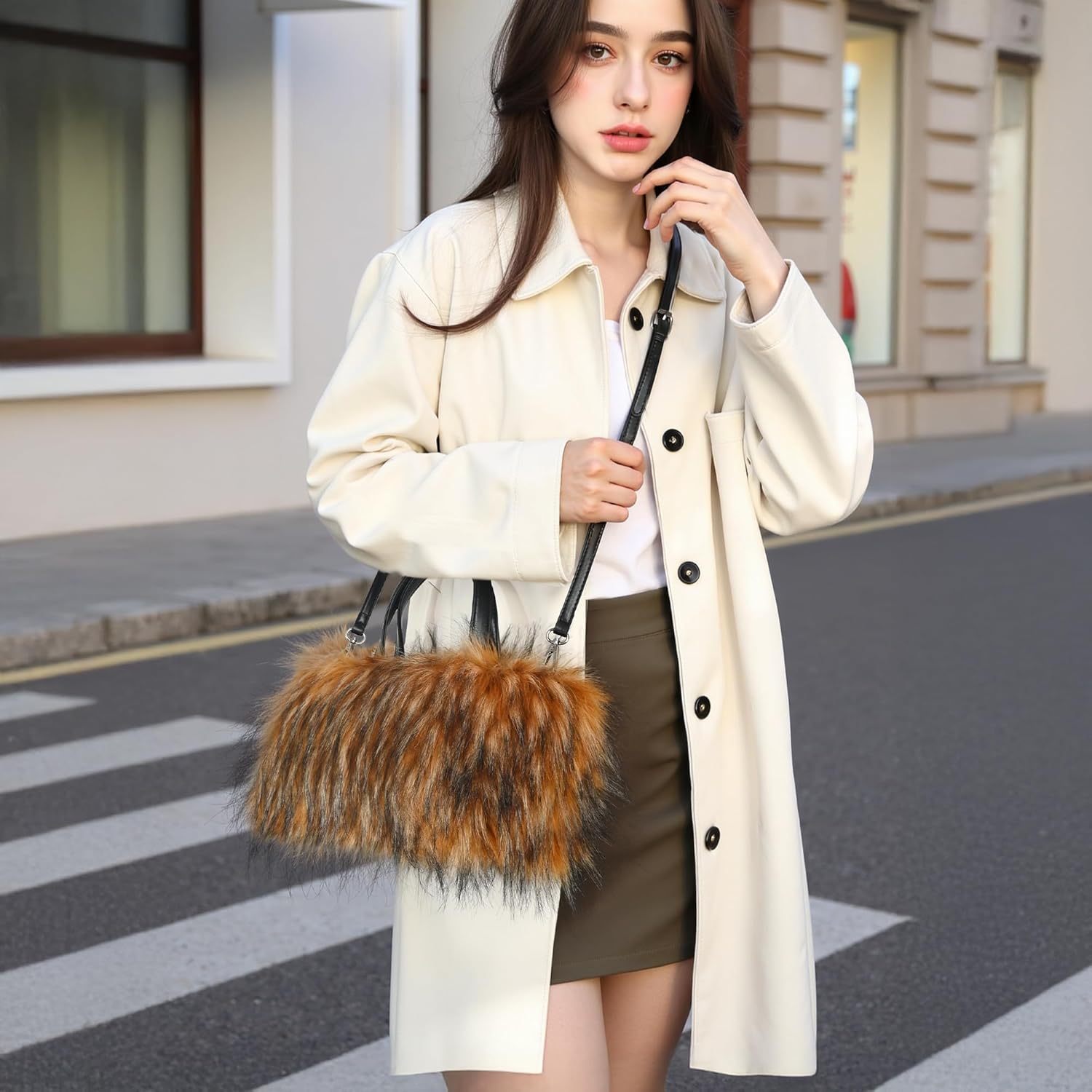 Fuzzy Faux Fluffy Fur Purse for Women, Brown Tote Bag Shoulder Handbags - Image 3