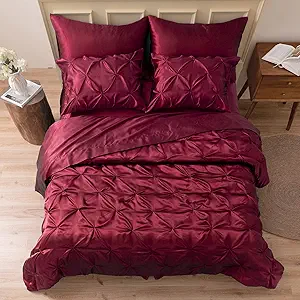 MR&HM Satin Comforter Twin 5 Pieces - Luxurious Pinch Pleat Bedding Set with Comforter, Flat Sheet, Fitted Sheet, Pillowcase & Sham, Super Silky Soft Bed Set for All Season (Twin, Burgundy)