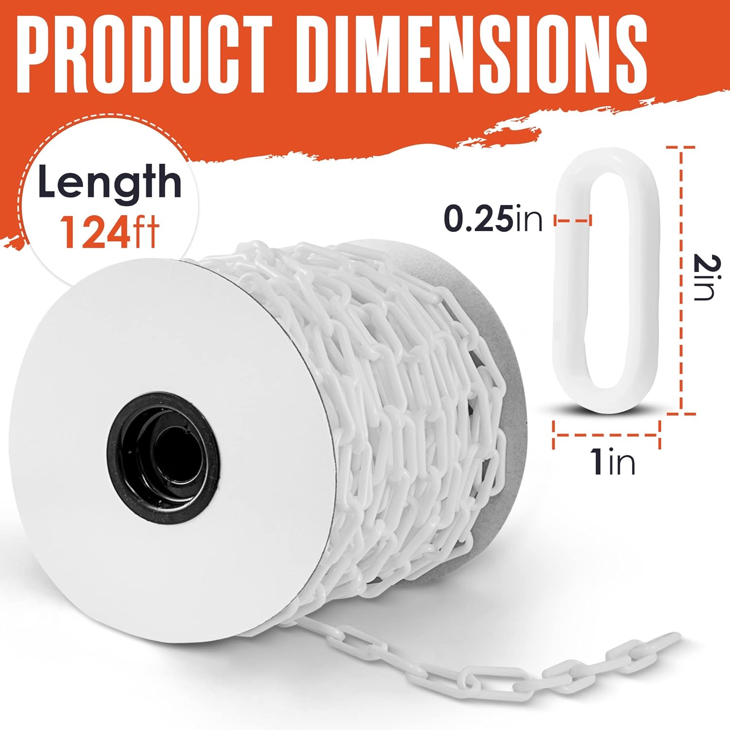 Houseables Plastic Chain, Safety Barrier, 124 Feet, 2" Links, Light Weight, UV Protected, Accessory for Crowd Control, Queue Line, Decoration, Chains Link Fence, White