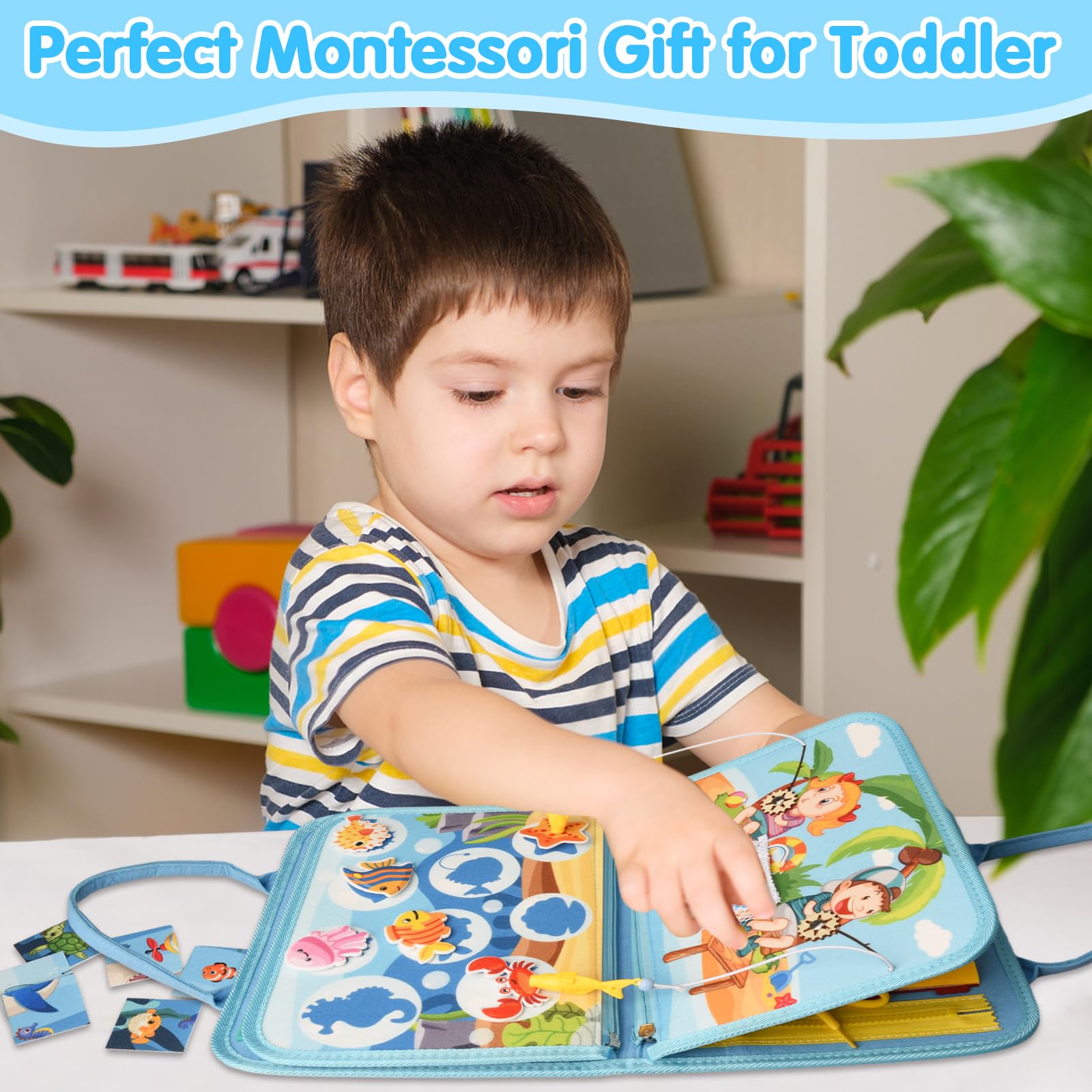 Busy Board per Bambini, Giochi Montessori 1-4 Anni, Giocattoli Educativi Sensoriali con Puzzle, Parole, Date, Orologi, Giochi di Pesca, Pulsante Sonoro, Cerniere e Fibbie