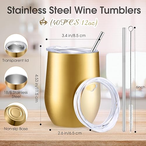 Miniatura 2 de Sieral Paquete de 40 vasos de vino aislados de 12 onzas, taza de café de vino inoxidable con tapa, popote de doble pared al vacío para empleados,
