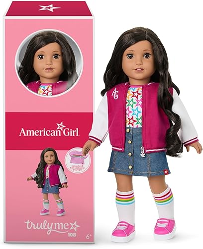 American Girl, Truly Me - Muñeca #108 de 18 pulgadas con ojos marrones, pelo rizado negro-castaño, piel bronceada, para mayores de 6 años