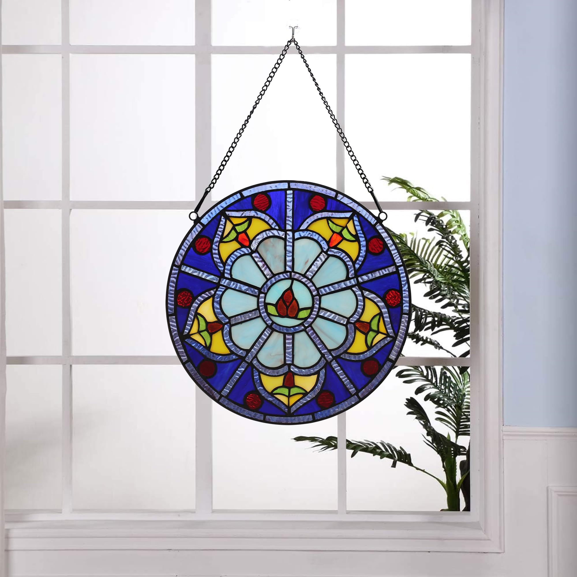Handgefertigter Sonnenfänger aus Buntglas, zum Aufhängen, Tiffany-Stil, Wanddekoration, Kunsttafel, rund, 30,5 cm Durchmesser, inklusive 50,8 cm Kette und Haken, perfektes Weihnachtsgeschenk