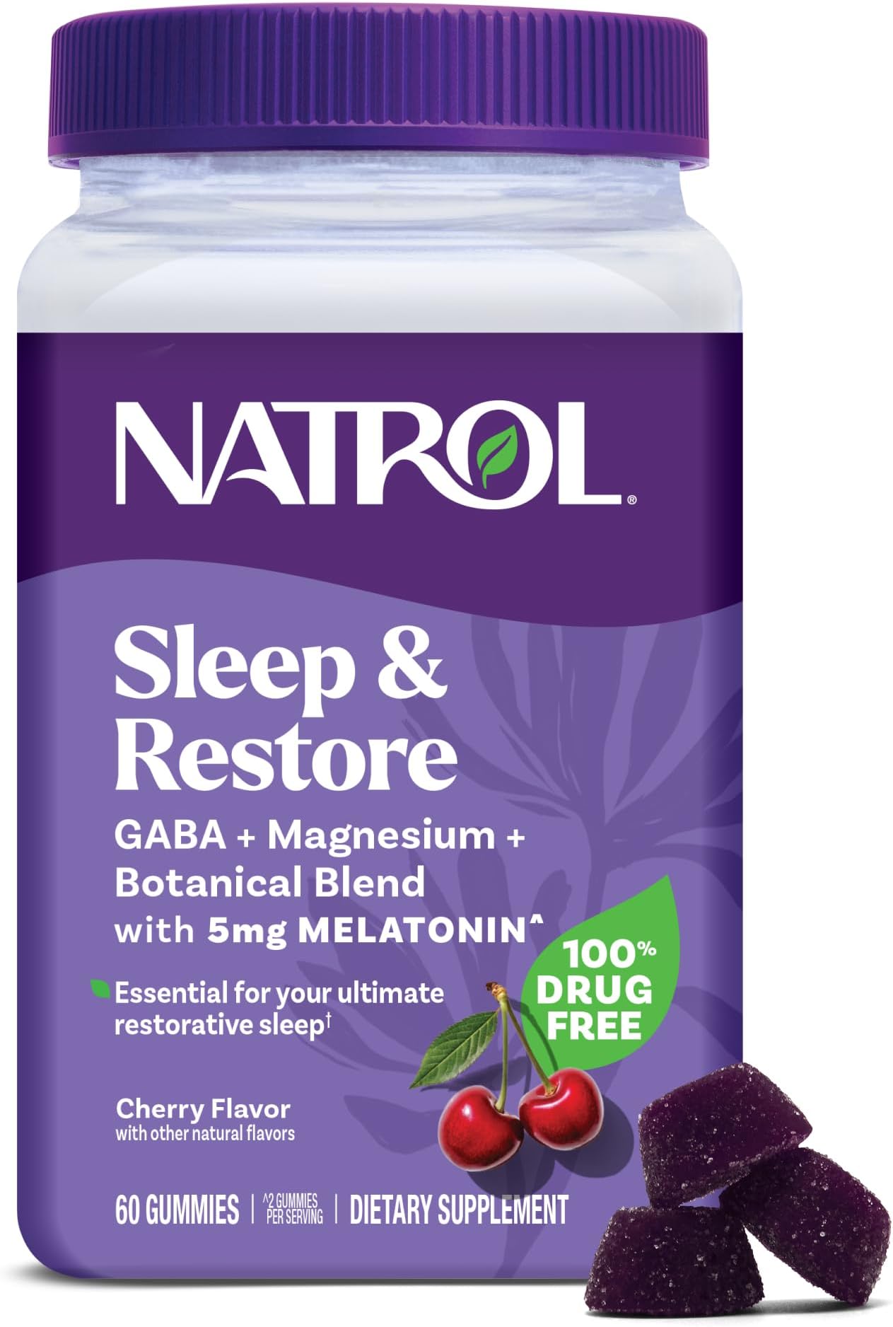 Sleep + Restore Magnesium Glycinate Blend Gummies with Melatonin 5mg - Calm Magnesium with GABA, Botanical Blend, Cherry Flavor, 60 Gummies