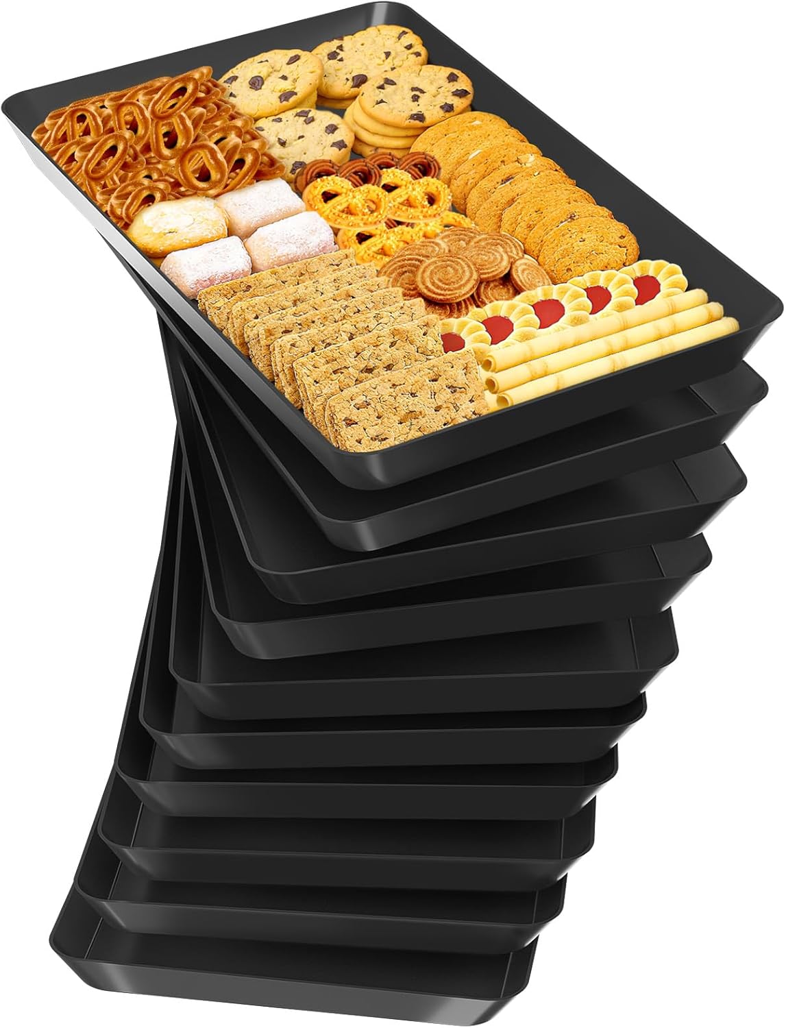 10-Pack Serving Tray Set, Reusable Plastic Serving Platter for Party Supplies, Entertaining, Grilling Accessories, Stackable Kitchen Snack Container for Dessert, Fruit, Cookie, (Black)