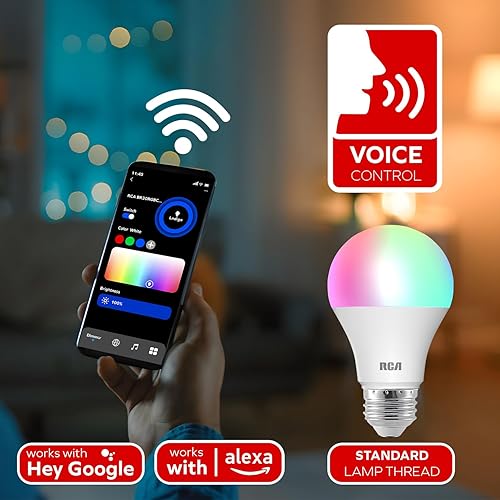 Vista 7 de RCA Smart Light Bulbs, Multicolor LED, WiFi, Dimmable Color Changing Light Bulb, 800 Lumens 10W, Alexa & Google Home Compatible, 60W EQ A19 RGB
