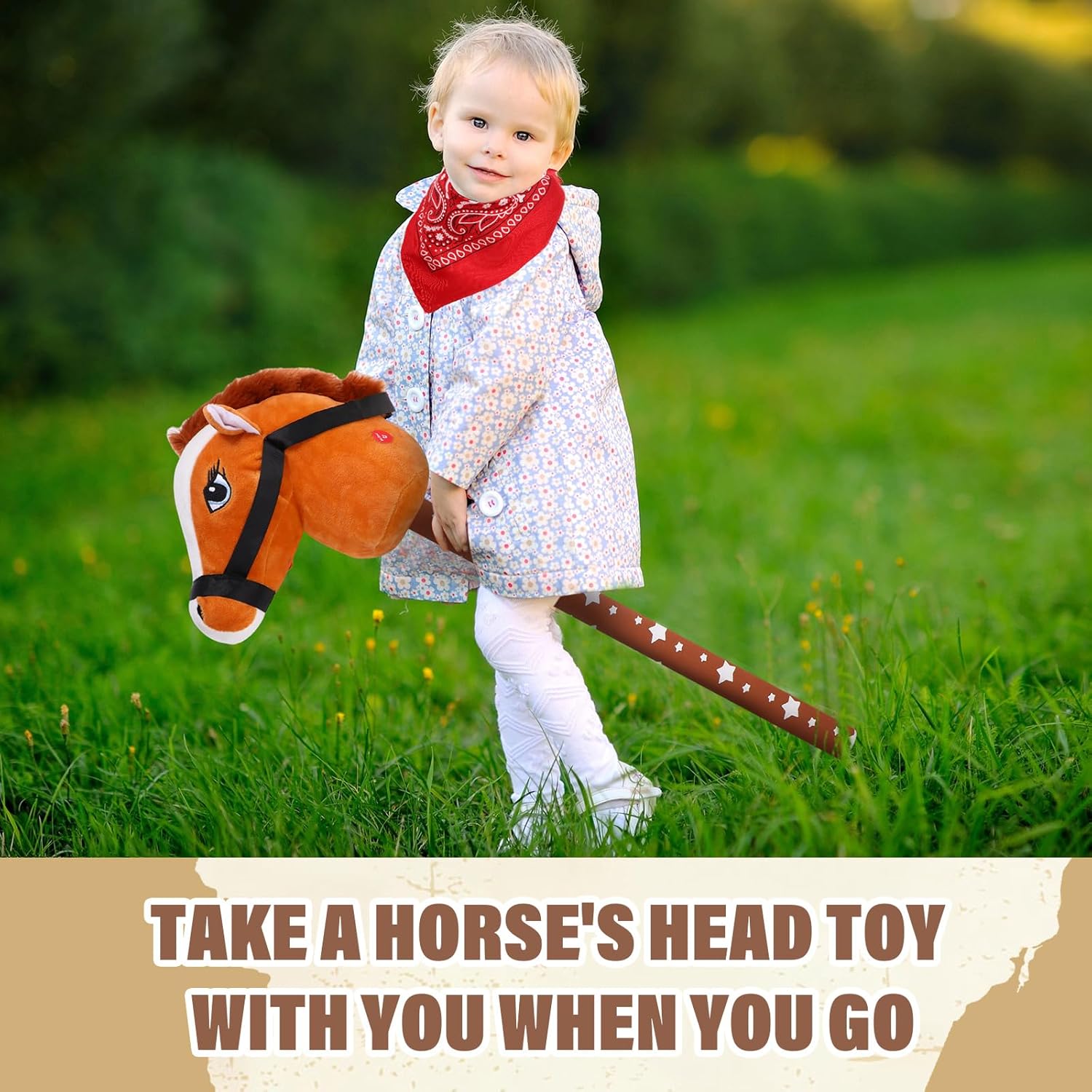Poen 4 Pack Light Brown Horse Stick with Sound Red Bandana Set 27.6'' Toys Stick Horse Western Cowboy Bandana Head with Neighing Sound for Boys Girls Fun Pretend Games Son Daughter