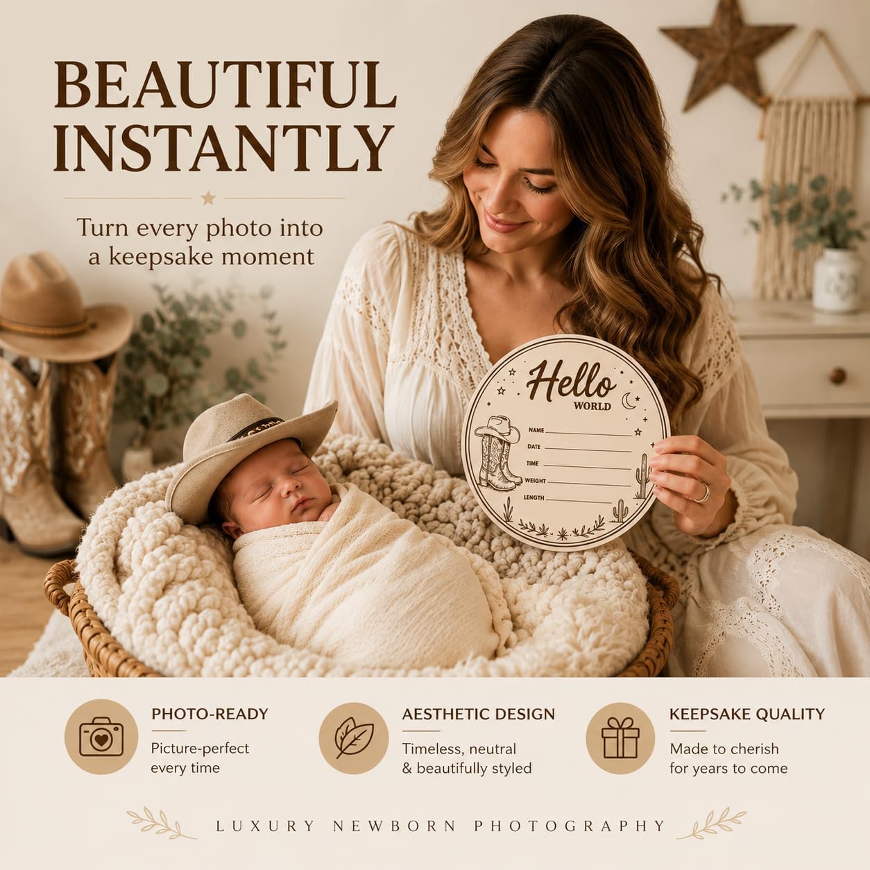 Baby Announcement Sign – Hello World Newborn Sign in 3D Wood with Rustic Cowboy Boots & Western Desert Details for Newborn Memories, Nursery Décor & Baby’s First Precious Moments