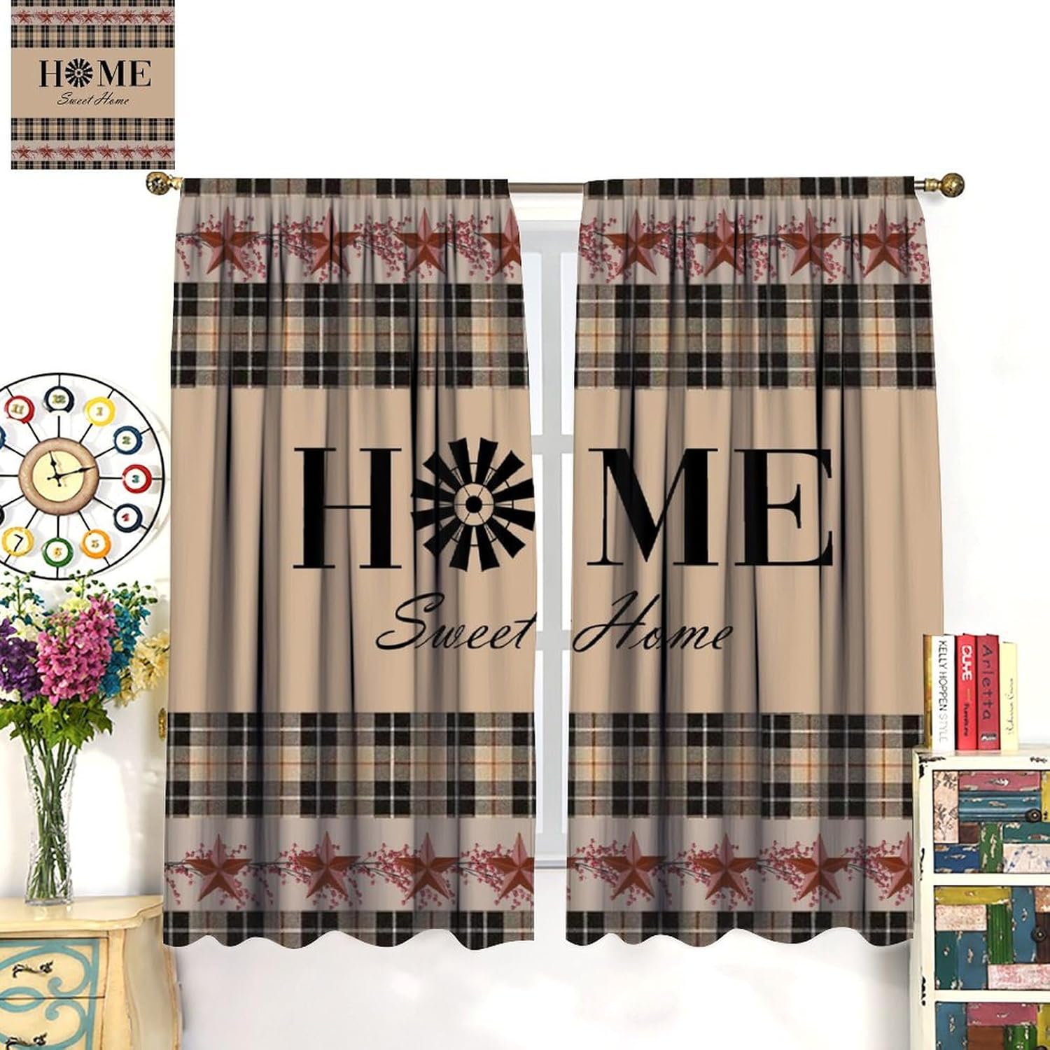 Rustic Farmhouse Kitchen Curtains,Vintage Western Star Plaid Print Home Decor Drapes for Bedroom Living Room Kitchen Window Treatment 2 Panels Set Total Size 72" W X 63" L Inch