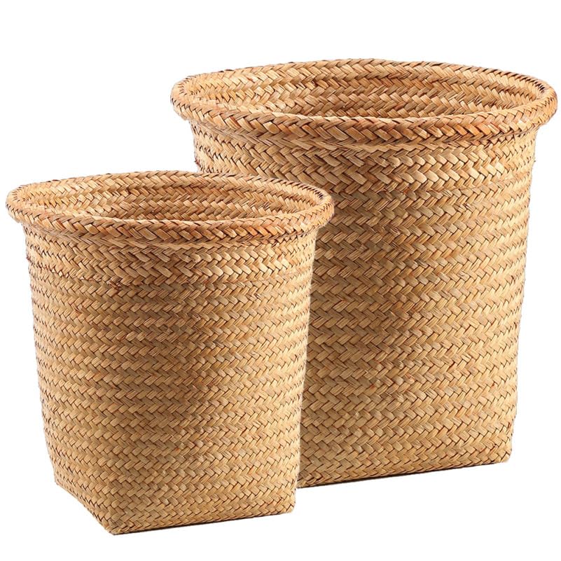 SEWACC 2Pcs Braided Straw Waste Paper Baskets 11.4 Inch Multifunctional Storage Bins for Bedroom Bathroom Office Lightweight Rattan Trash can