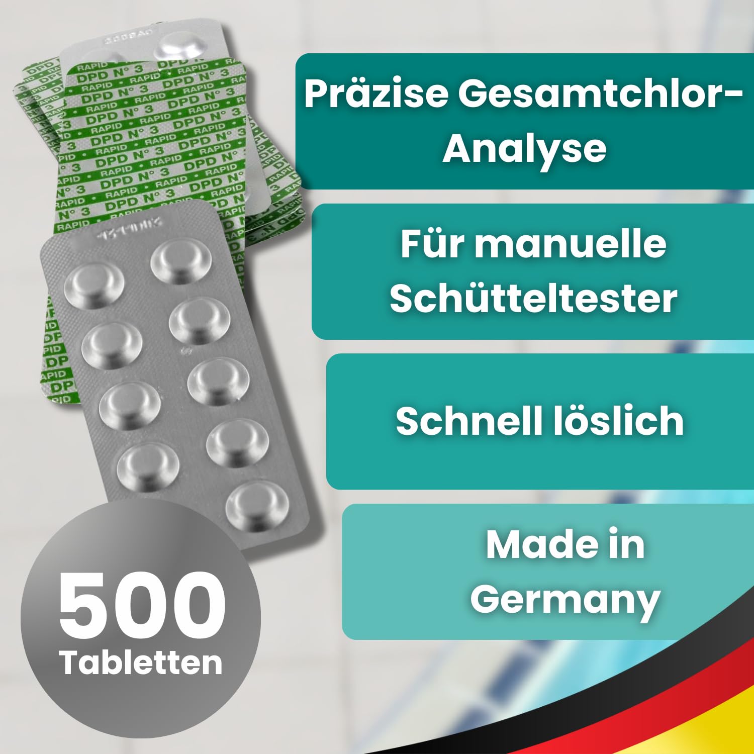 DPD 3 Rapid Tabletten Water-i.d. - Chlor-Testtabletten für Pool & Whirlpool - Gebundenes Chlor messen - Schnell löslich für manuelle Pooltester - Made in Germany (500 Stück)