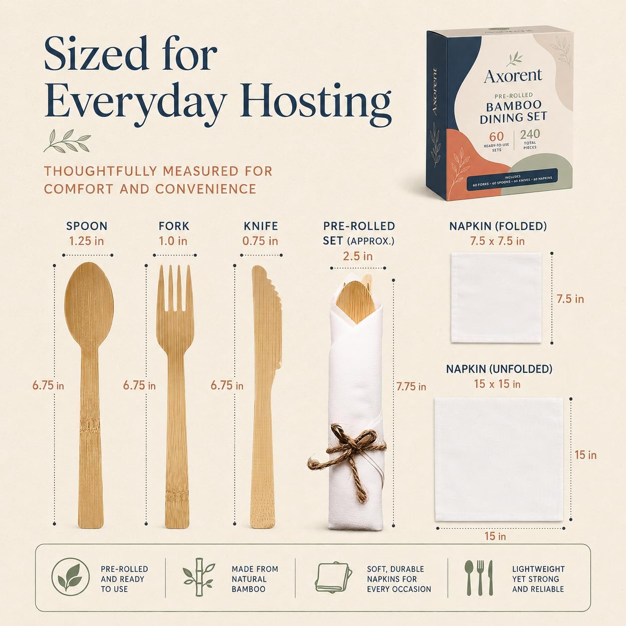 Pre-Rolled Wooden Compostable Cutlery Set | 60 Sets (240 pcs) Fork Knife Spoon