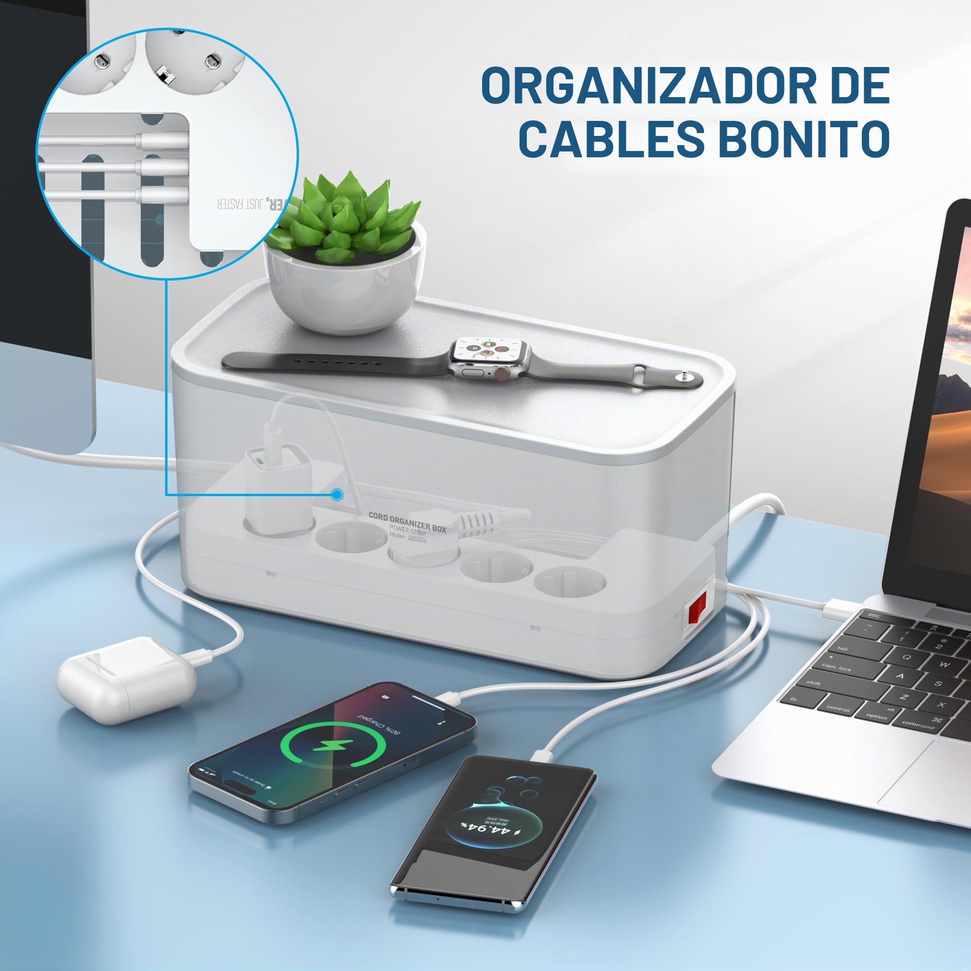 Regletas Enchufes 5M con Caja Organizadora Cables, Regletas USB 5 Tomas y 3 USB, Regleta Proteccion Sobretension (2500W) con Interruptor,29.5 * 14 * 14.1CM, Blanco
