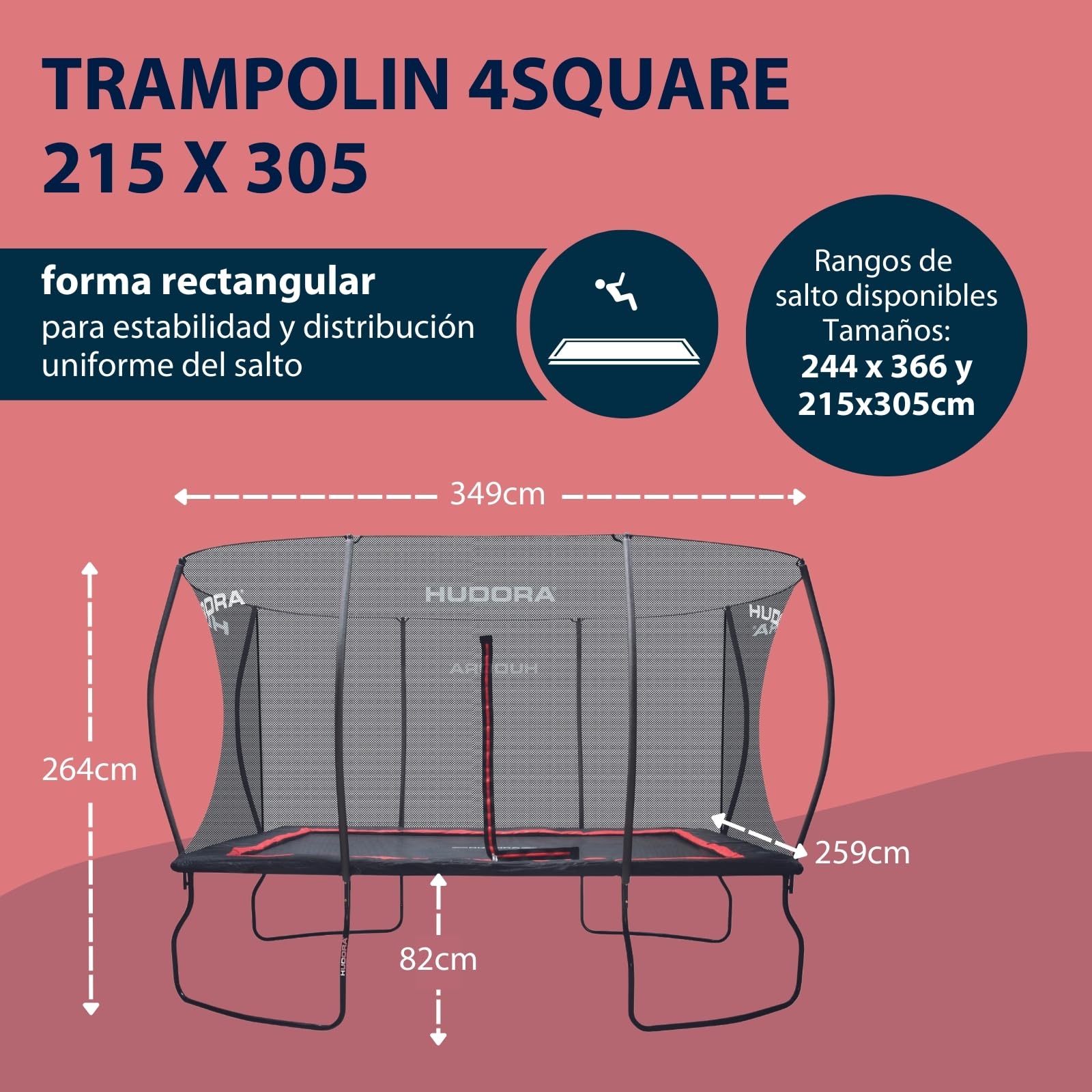 HUDORA trampolín 4square - 244x366/215x305cm Gran trampolín Rectangular para Exterior - Trampolín Deportivo Rectangular para hasta 120kg - Trampolín Familiar con Gran Rebote -Trampolín de Calidad
