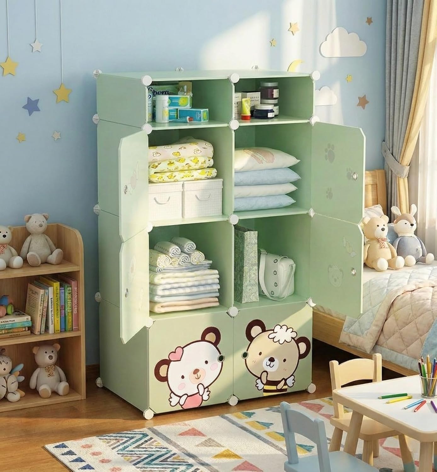 Sunderlook Plastic Wardrobe for Kids Clothes – Professional Collapsible Wardrobe, Easy to Use Foldable Almirah, Plastic Cupboard for Kids for Home (Green-Z4, 6 + 2 Door)