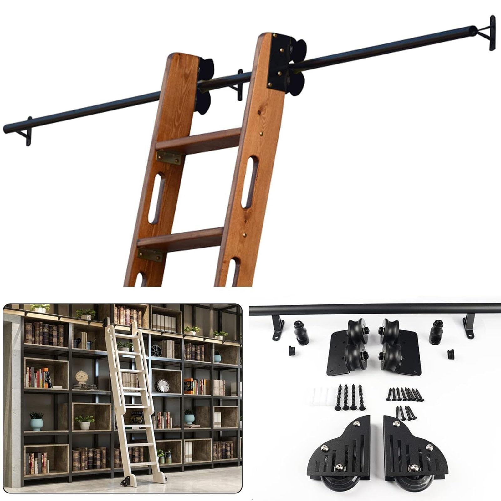 Kit quincaillerie échelle coulissante bibliothèque robustesse acier noir