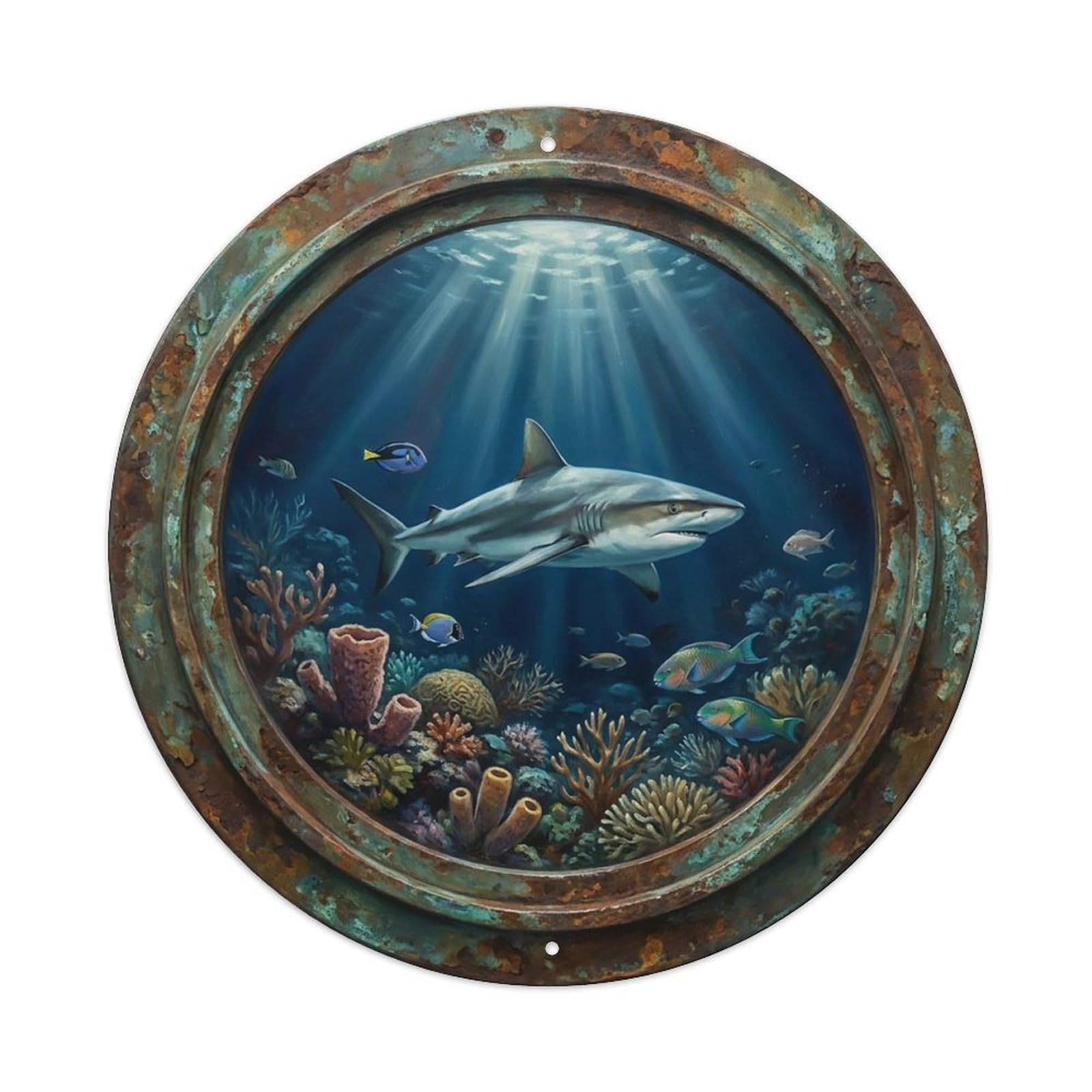 Vintage Porthole Reef Shark Cruise Ship Window Undersea Deep Sea Metal Tin Sign